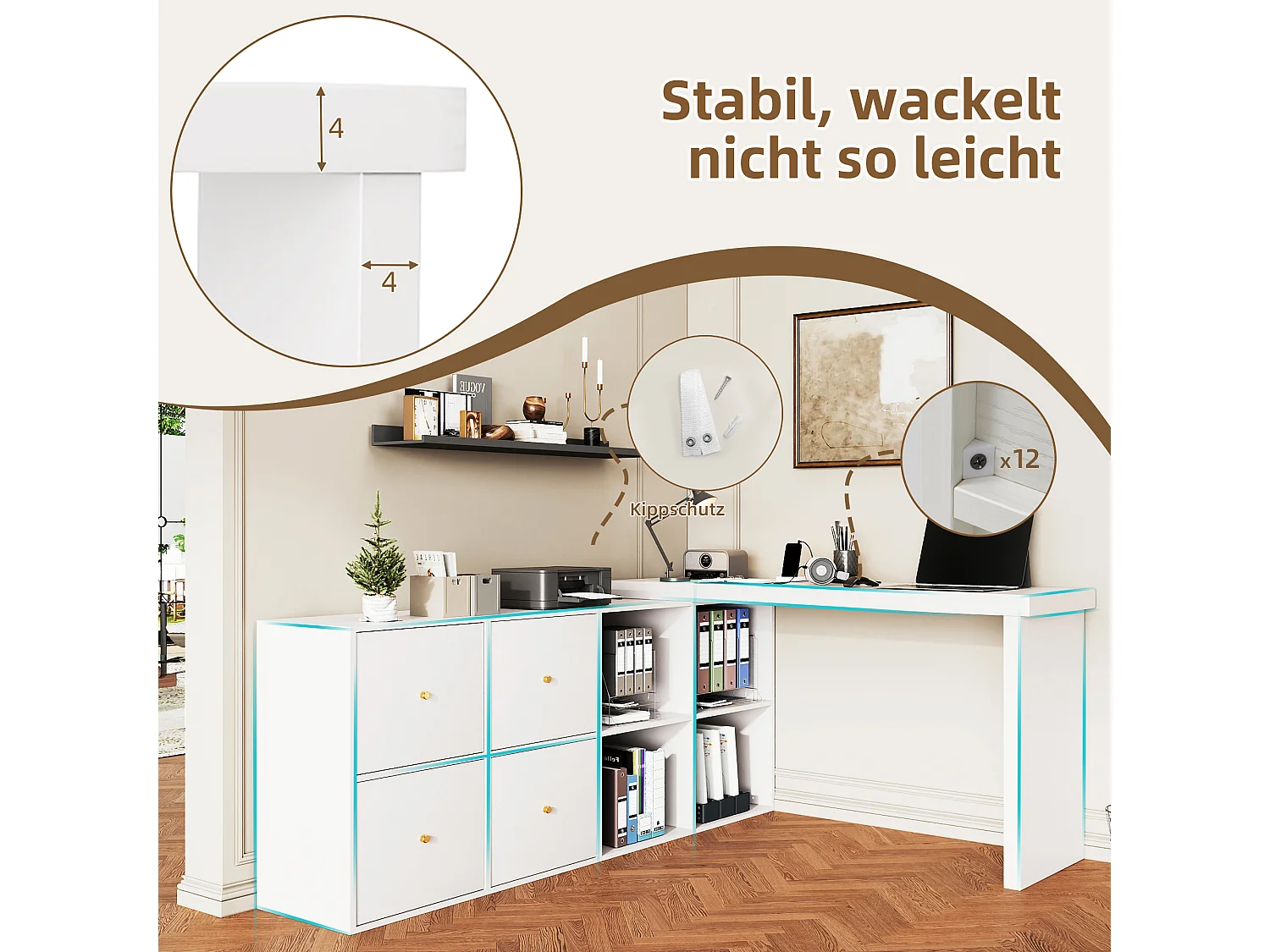 Bureau d'angle plateau pivotant à 360° - 140 x 120 x 78 cm - en L ou droite - avec 4 compartiments + 4 tiroirs - MDF - blanc