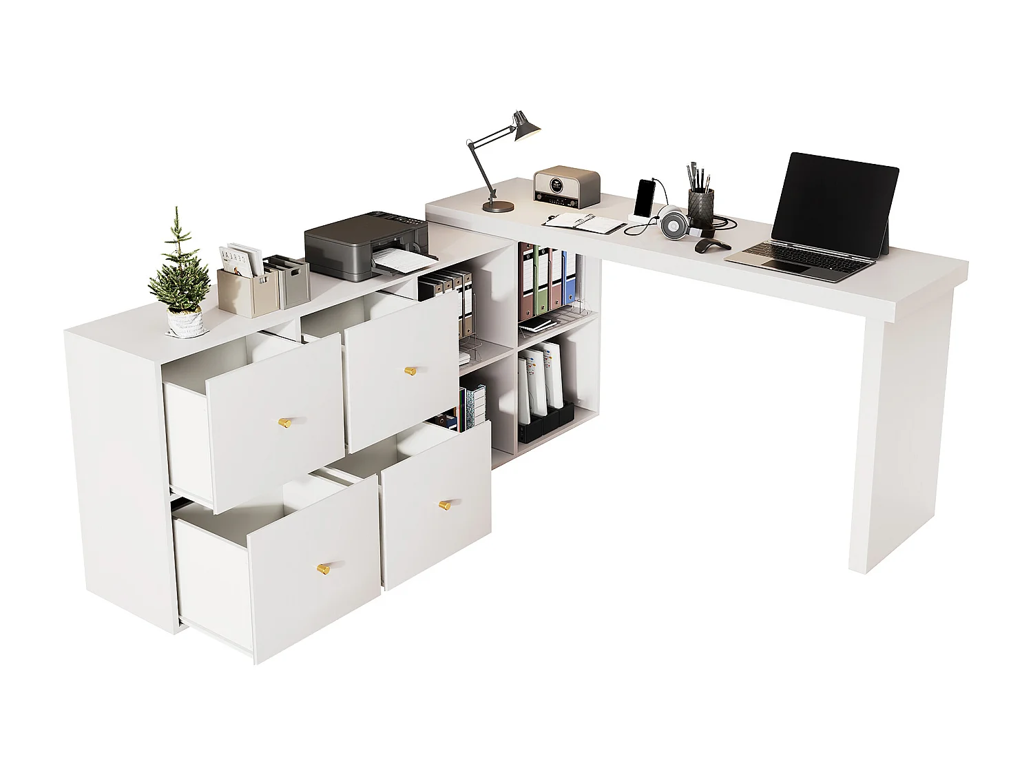 Bureau d'angle plateau pivotant à 360° - 140 x 120 x 78 cm - en L ou droite - avec 4 compartiments + 4 tiroirs - MDF - blanc