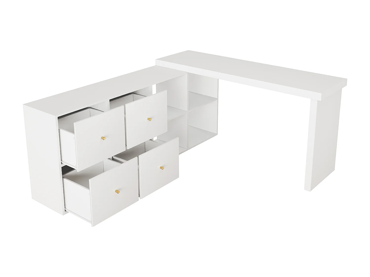 Bureau d'angle plateau pivotant à 360° - 140 x 120 x 78 cm - en L ou droite - avec 4 compartiments + 4 tiroirs - MDF - blanc