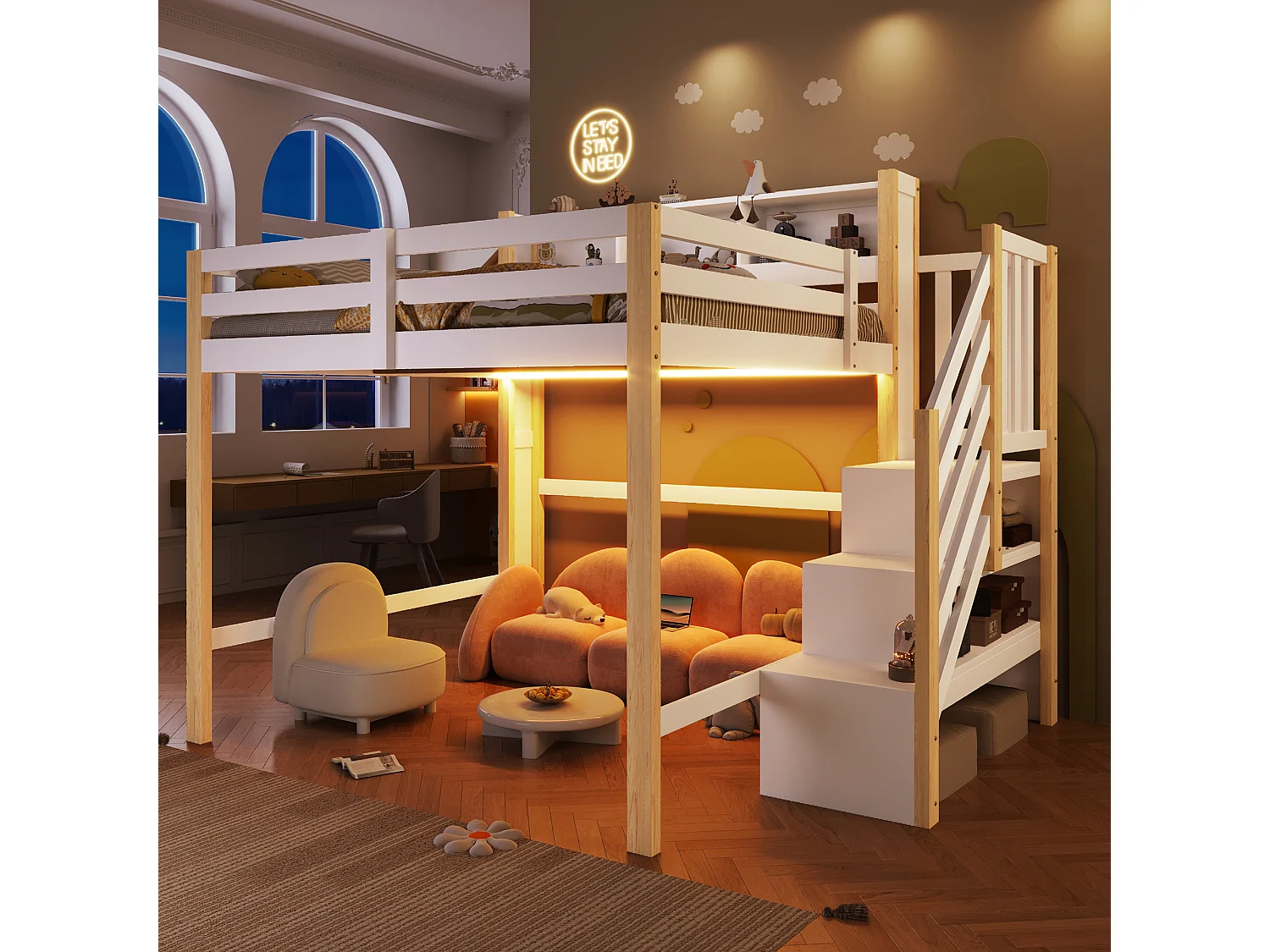 Lit mezzanine pour enfant - 140 x 200 cm - avec Leds + échelle de rangement + étagère de rangement - bois - blanc + naturel