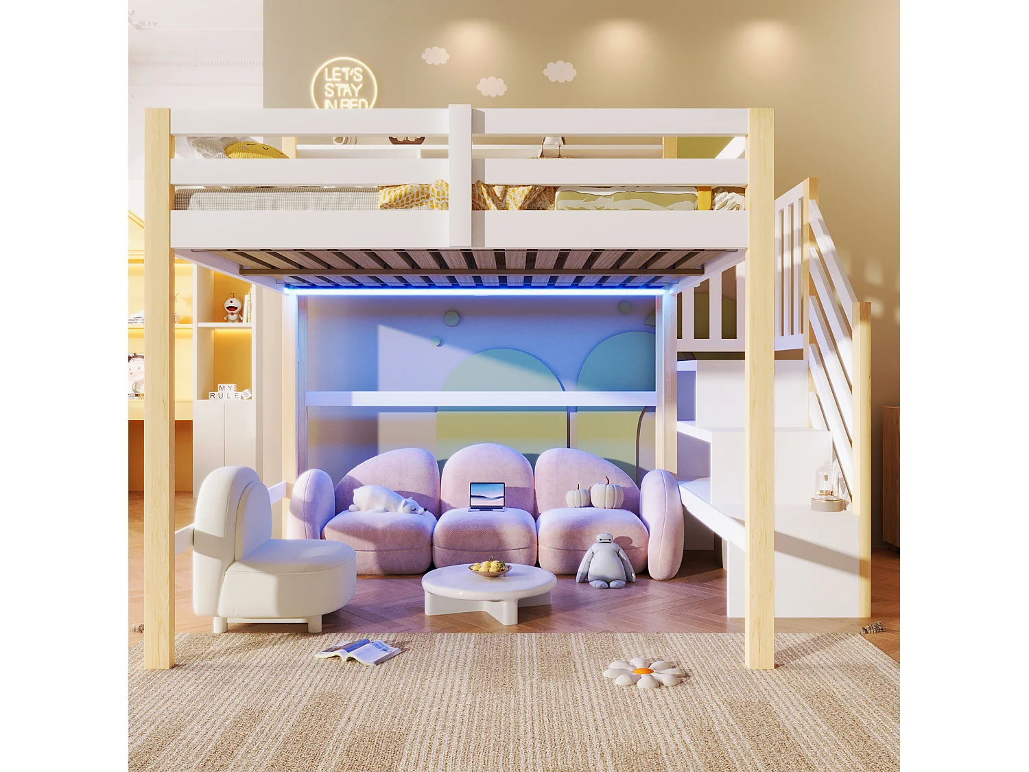 Lit mezzanine pour enfant - 140 x 200 cm - avec Leds + échelle de rangement + étagère de rangement - bois - blanc + naturel