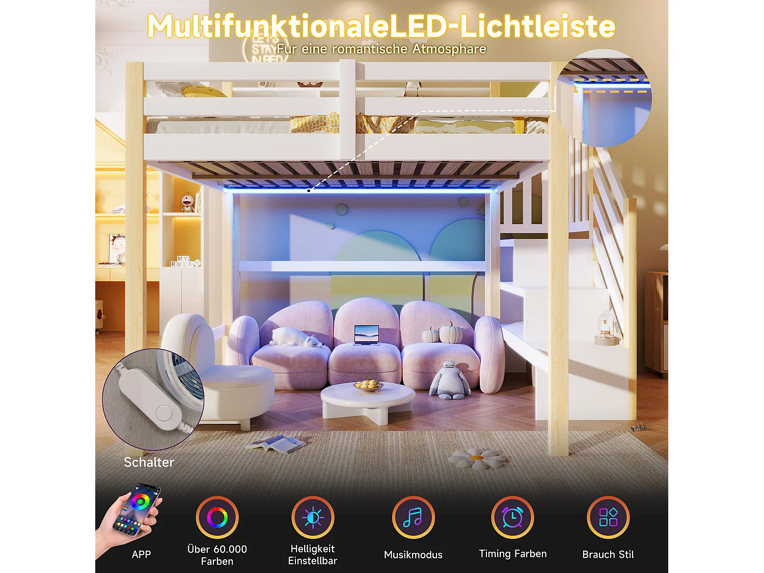 Lit mezzanine pour enfant - 140 x 200 cm - avec Leds + échelle de rangement + étagère de rangement - bois - blanc + naturel
