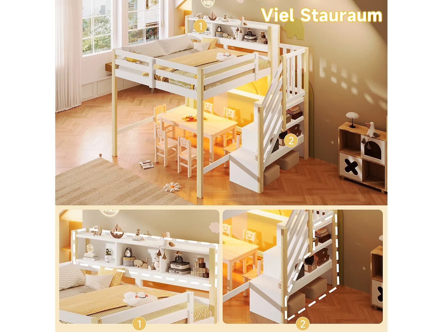 Lit mezzanine pour enfant - 140 x 200 cm - avec Leds + échelle de rangement + étagère de rangement - bois - blanc + naturel