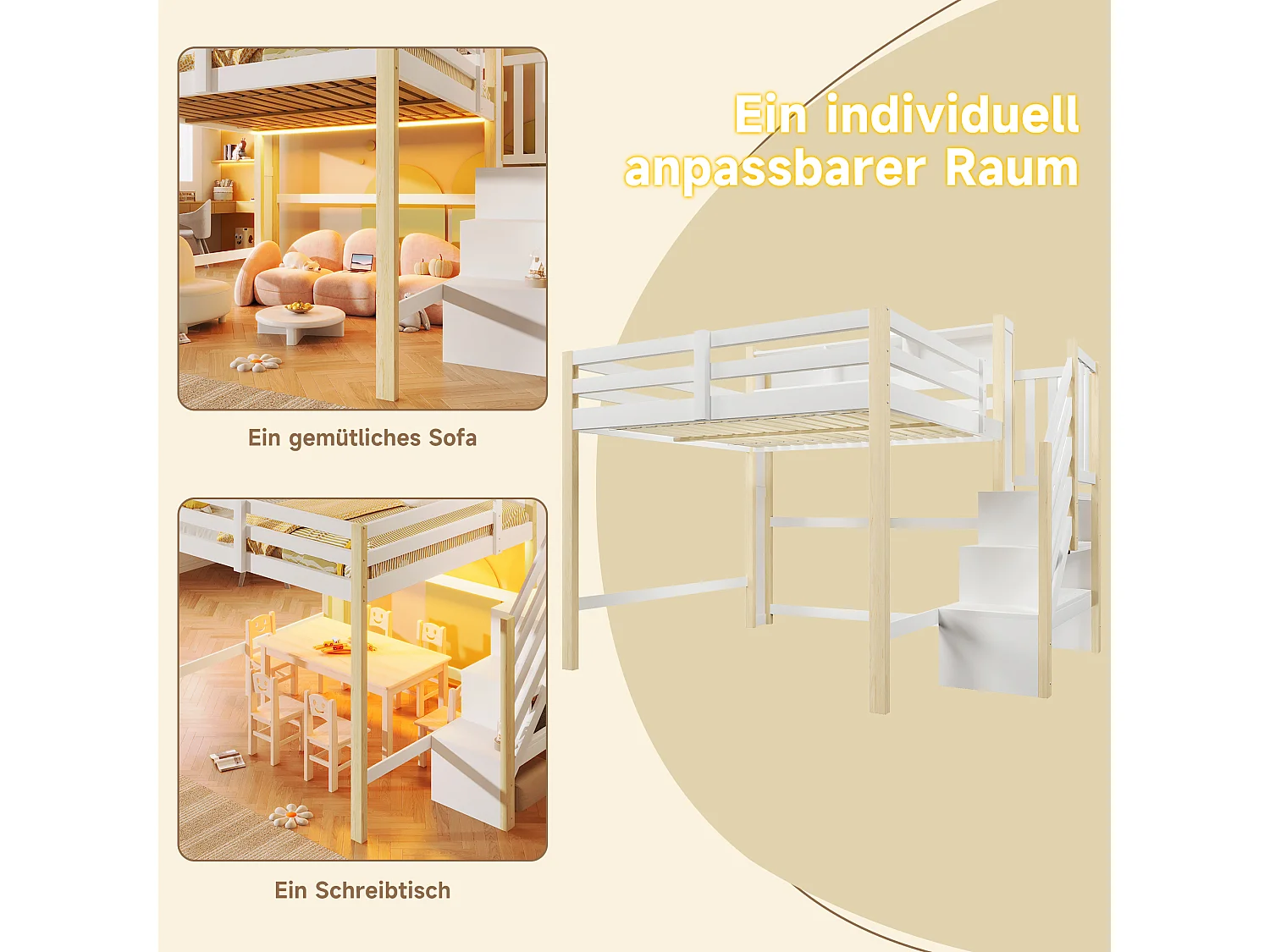 Lit mezzanine pour enfant - 140 x 200 cm - avec Leds + échelle de rangement + étagère de rangement - bois - blanc + naturel