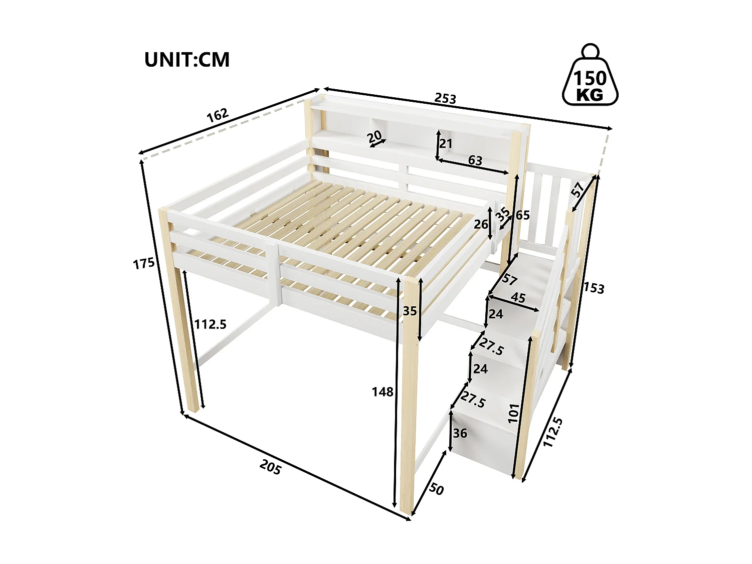 Lit mezzanine pour enfant - 140 x 200 cm - avec Leds + échelle de rangement + étagère de rangement - bois - blanc + naturel