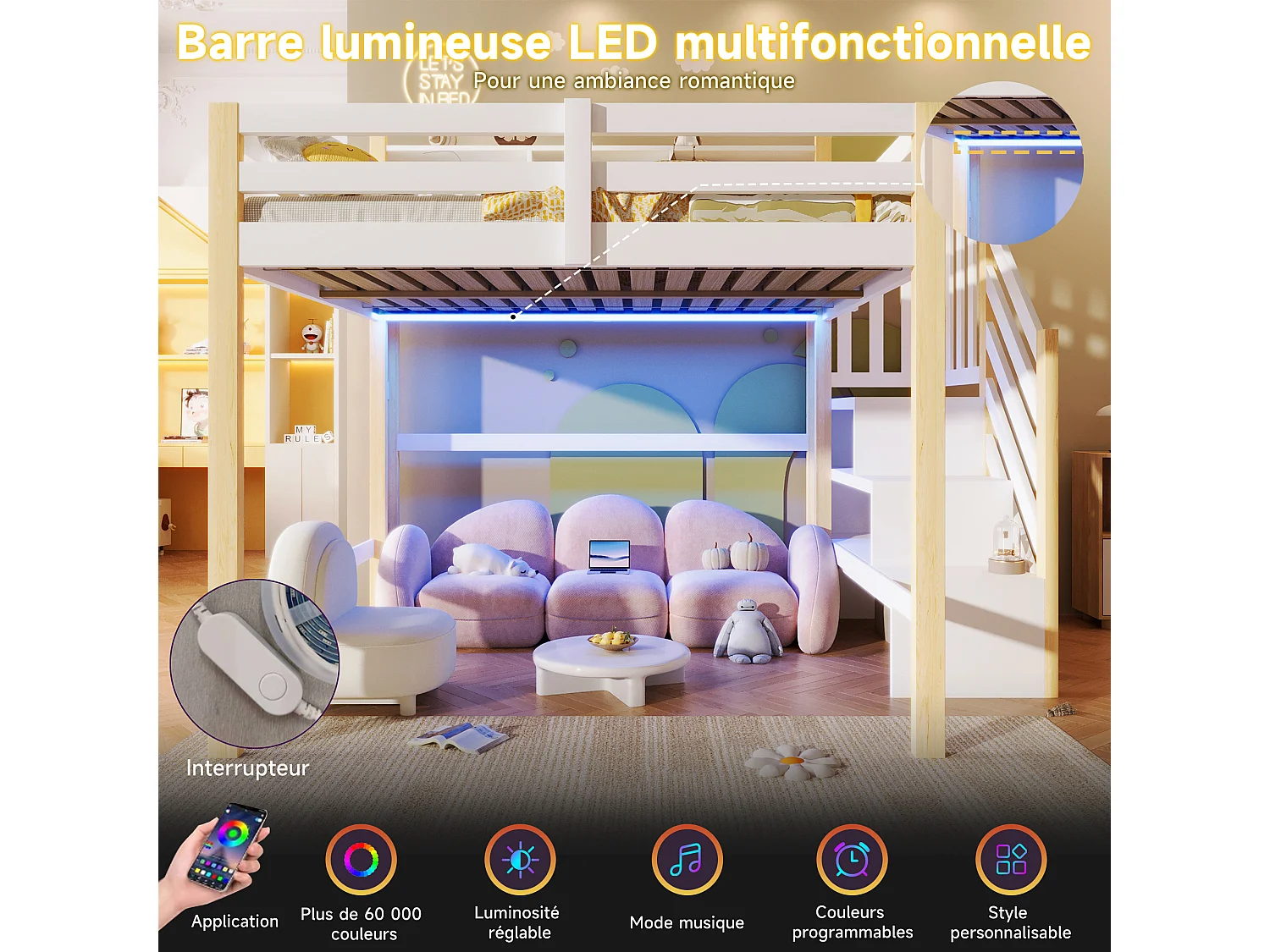Lit mezzanine pour enfant - 140 x 200 cm - avec Leds + échelle de rangement + étagère de rangement - bois - blanc + naturel