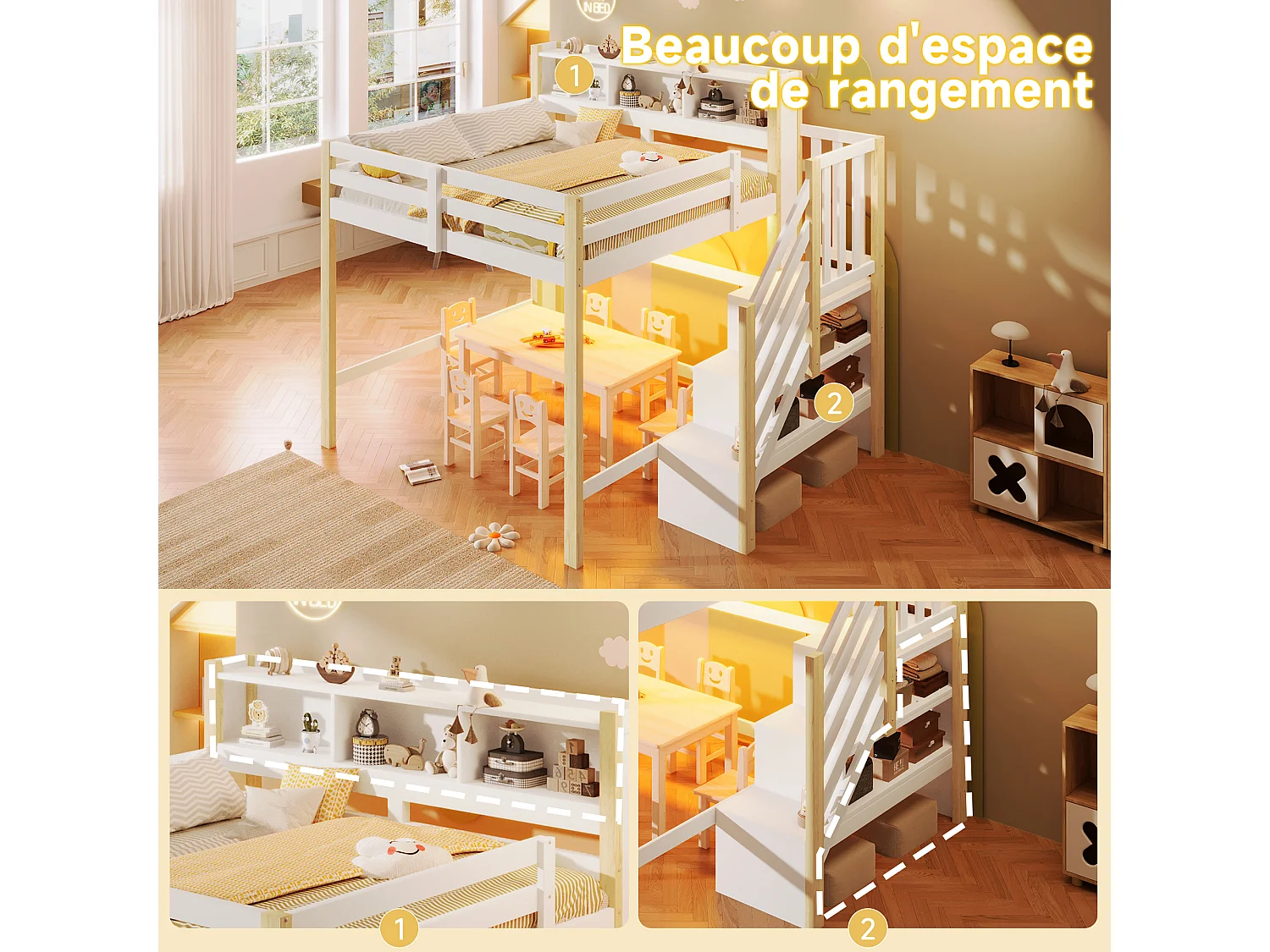 Lit mezzanine pour enfant - 140 x 200 cm - avec Leds + échelle de rangement + étagère de rangement - bois - blanc + naturel
