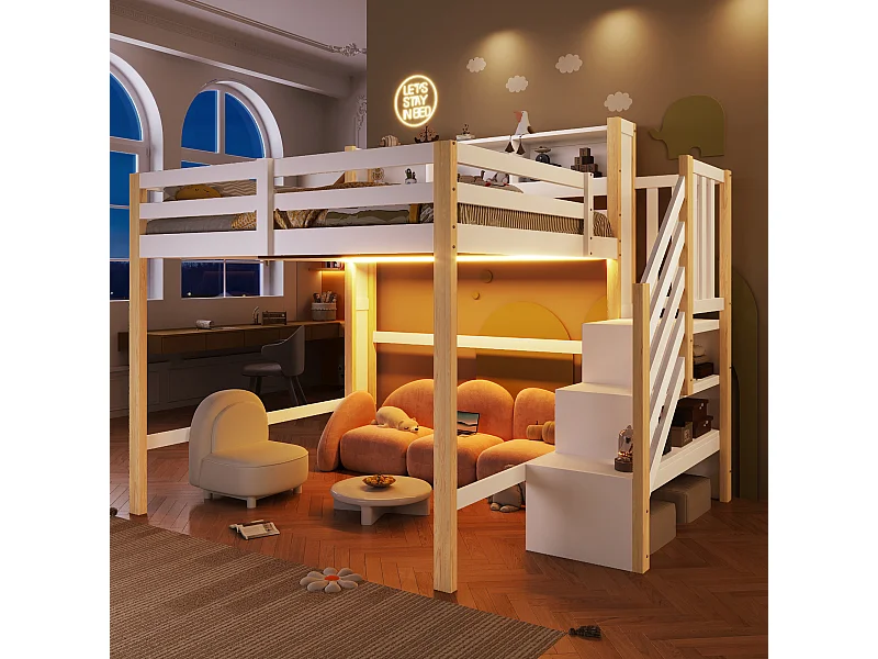 Lit mezzanine pour enfant - 140 x 200 cm - avec Leds + échelle de rangement + étagère de rangement - bois - blanc + naturel