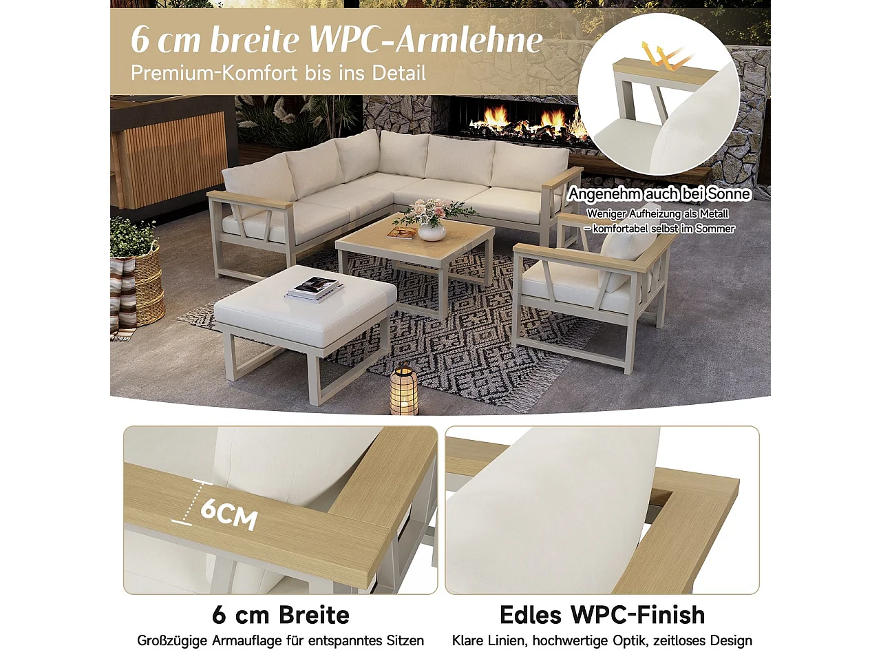Ensemble de mobilier de jardin d'angle 7 places - avec 1 chaise + repose-pieds + table - Polyester + métal - kaki