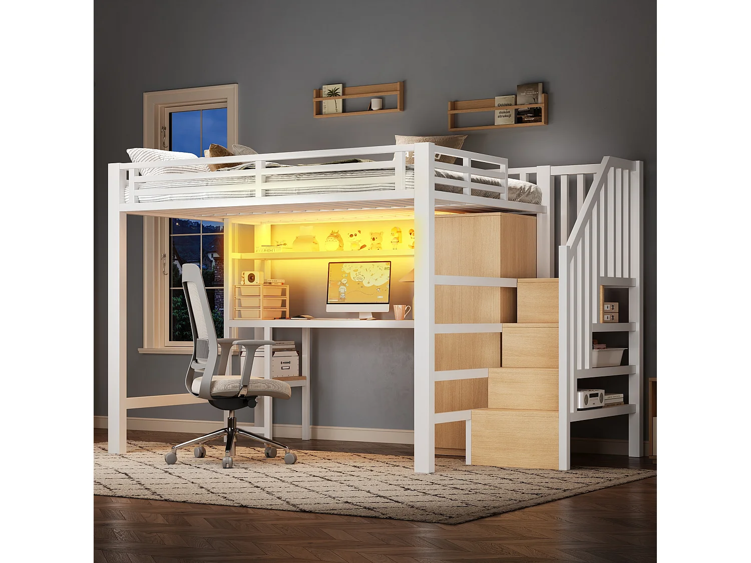 Lit mezzanine en métal - 140 x 200 cm - avec bureau + étagère + penderie + escalier de rangement - MDF + métal - blanc