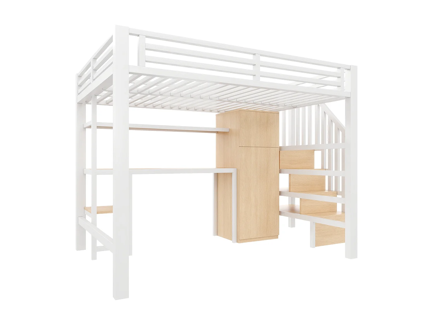 Lit mezzanine en métal - 140 x 200 cm - avec bureau + étagère + penderie + escalier de rangement - MDF + métal - blanc