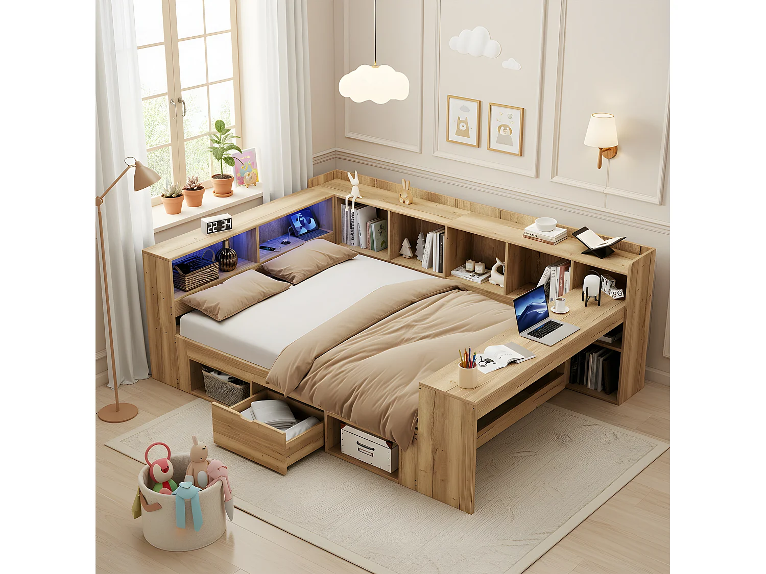 Lit coffre pour enfant - 140 x 200 cm - avec Leds + USB + bureau + étagère + tiroirs - en forme de L - bois - naturel