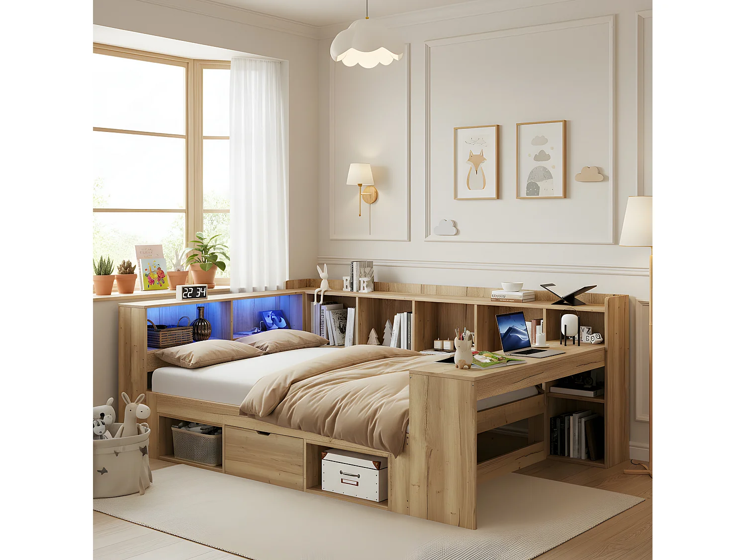 Lit coffre pour enfant - 140 x 200 cm - avec Leds + USB + bureau + étagère + tiroirs - en forme de L - bois - naturel