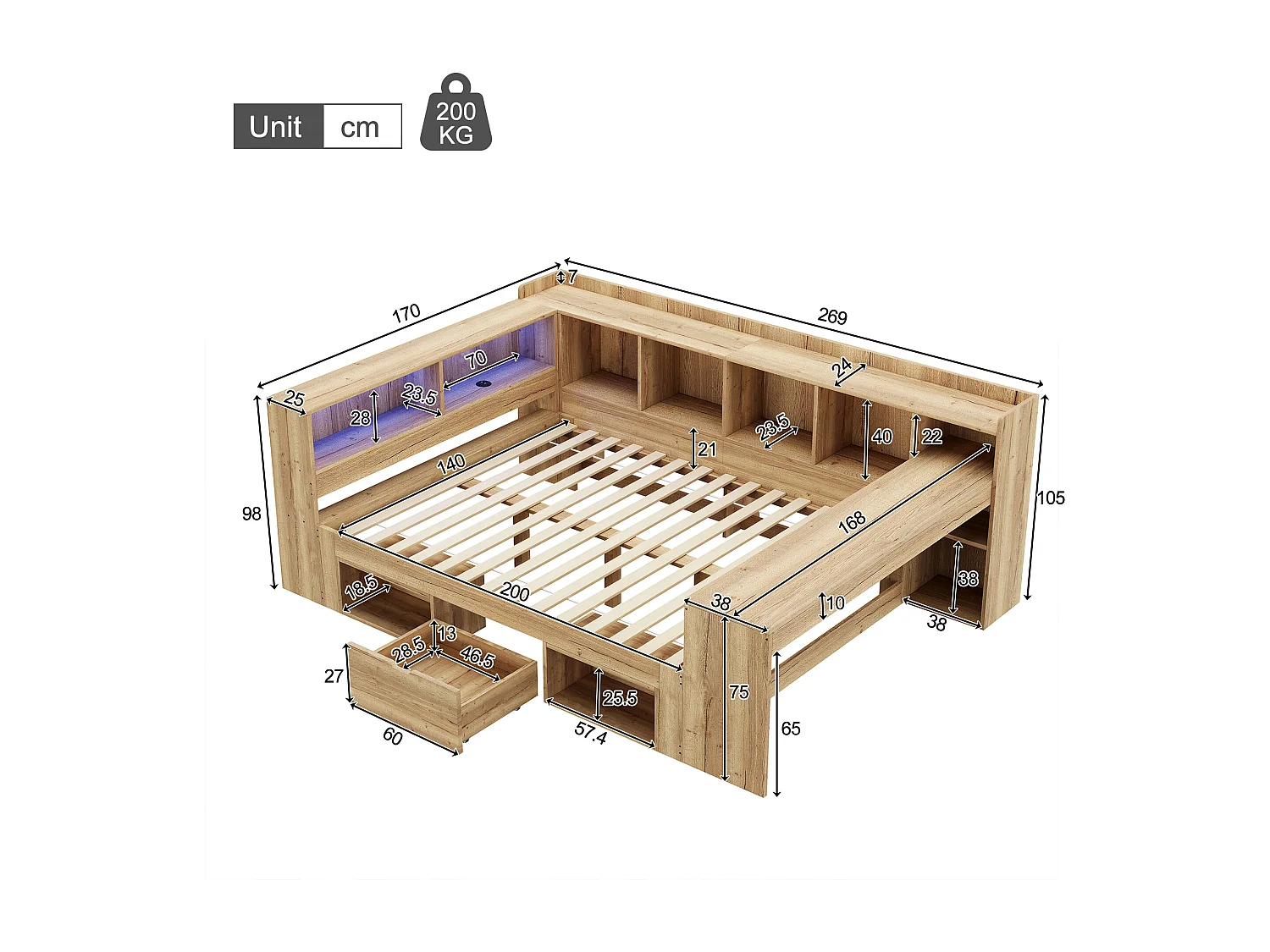 Lit coffre pour enfant - 140 x 200 cm - avec Leds + USB + bureau + étagère + tiroirs - en forme de L - bois - naturel