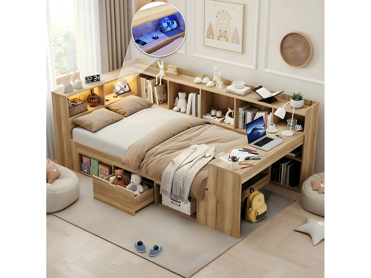 Lit coffre pour enfant - 90 x 200 cm - avec Leds + USB + bureau + étagère + tiroirs - en forme de L - bois - naturel