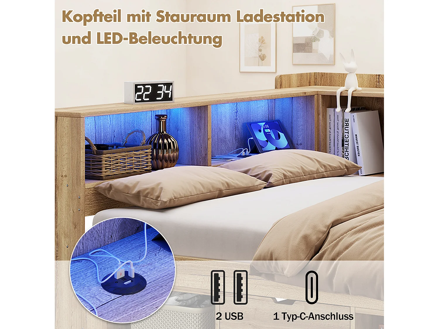 Lit coffre pour enfant - 90 x 200 cm - avec Leds + USB + bureau + étagère + tiroirs - en forme de L - bois - naturel