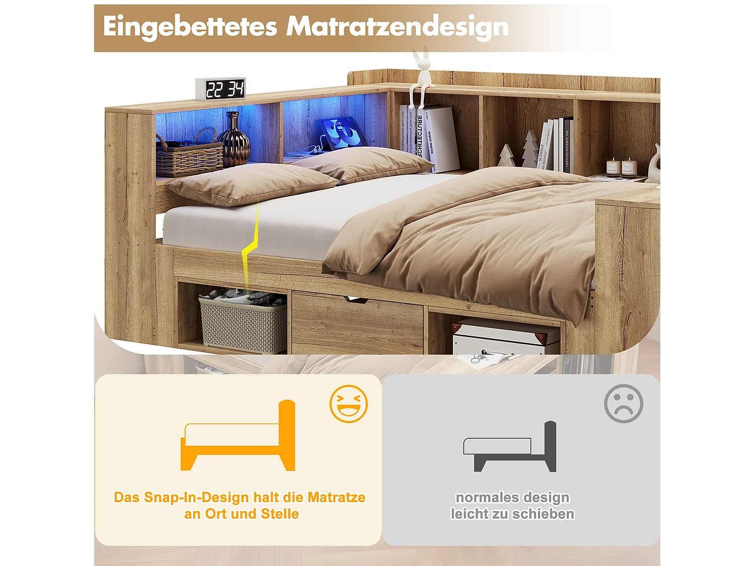 Lit coffre pour enfant - 90 x 200 cm - avec Leds + USB + bureau + étagère + tiroirs - en forme de L - bois - naturel