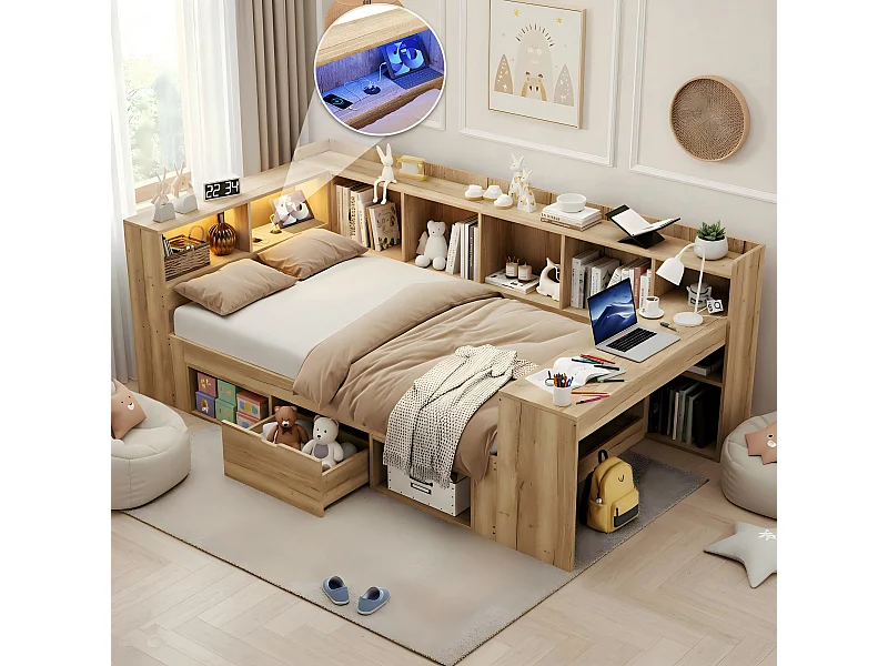 Cama infantil con almacenaje - 90 x 200 cm - con LED + puerto USB + escritorio + estante + cajones - en forma de L - madera - natural