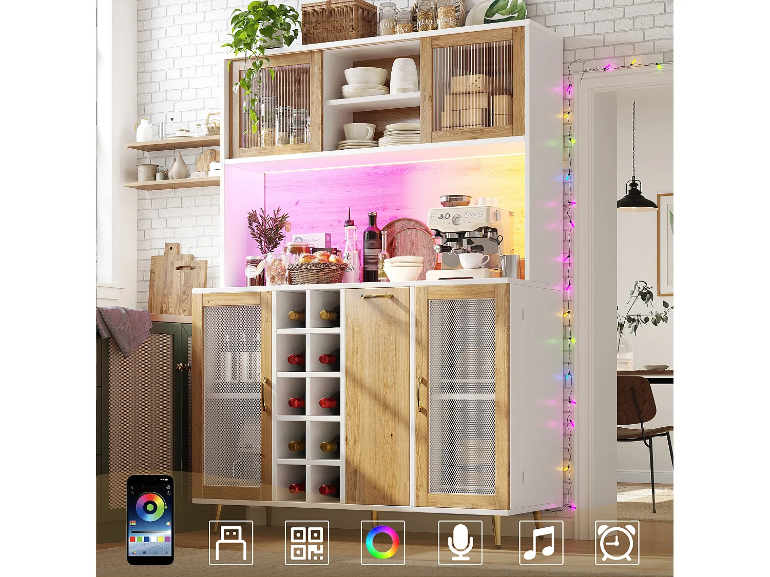 Buffet haut de cuisine - 120 x 40 x 170 cm - avec Leds + casier à bouteilles + étagère à snacks + 5 portes + prise - MDF - naturel