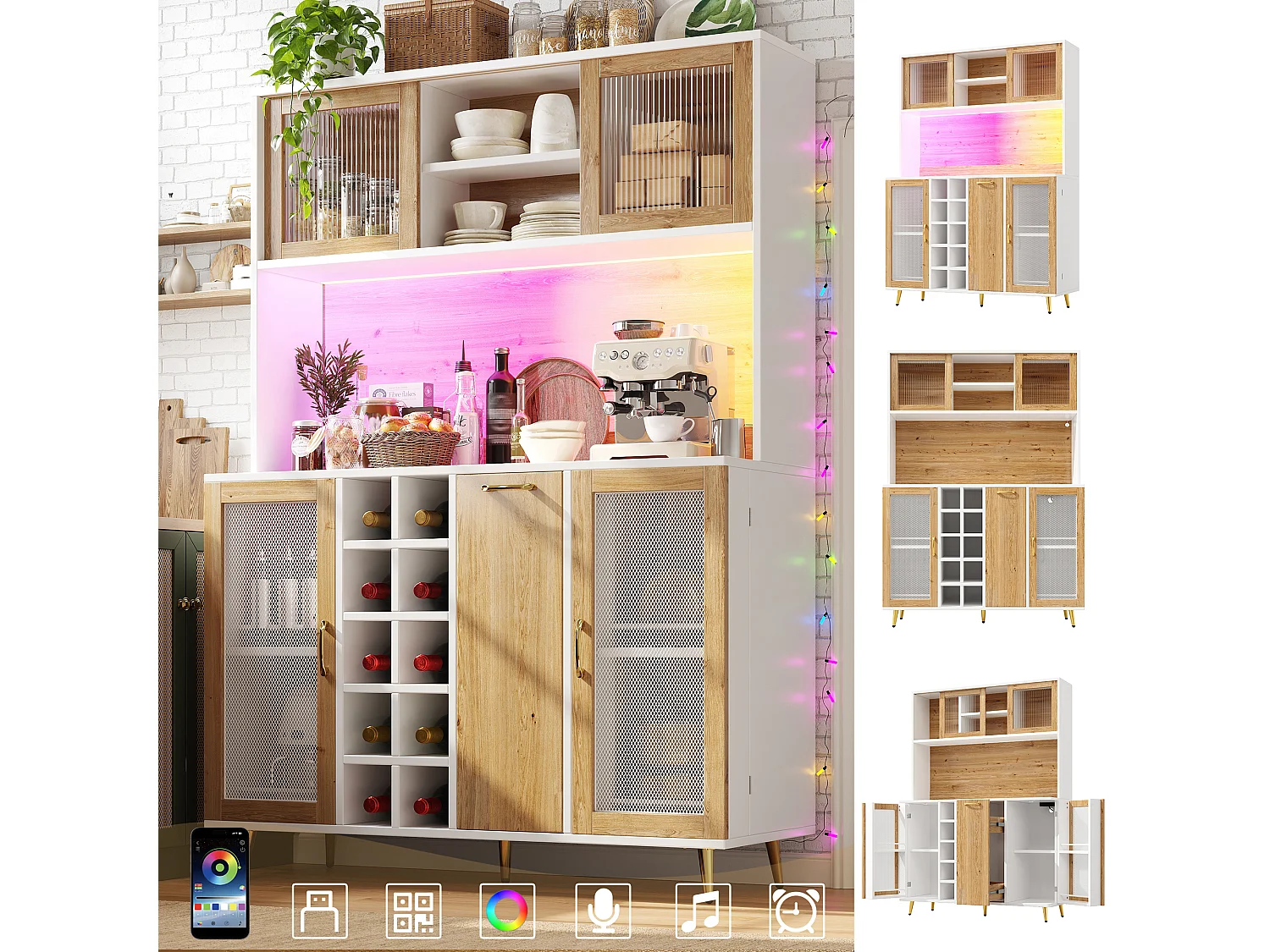 Buffet haut de cuisine - 120 x 40 x 170 cm - avec Leds + casier à bouteilles + étagère à snacks + 5 portes + prise - MDF - naturel