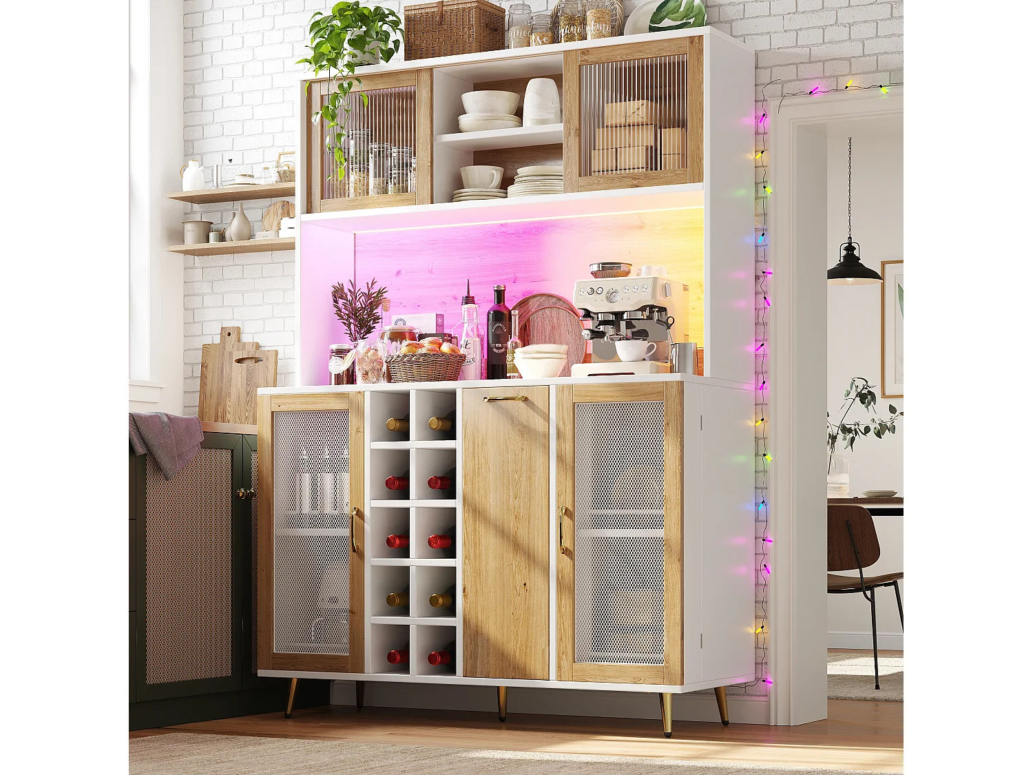 Buffet haut de cuisine - 120 x 40 x 170 cm - avec Leds + casier à bouteilles + étagère à snacks + 5 portes + prise - MDF - naturel