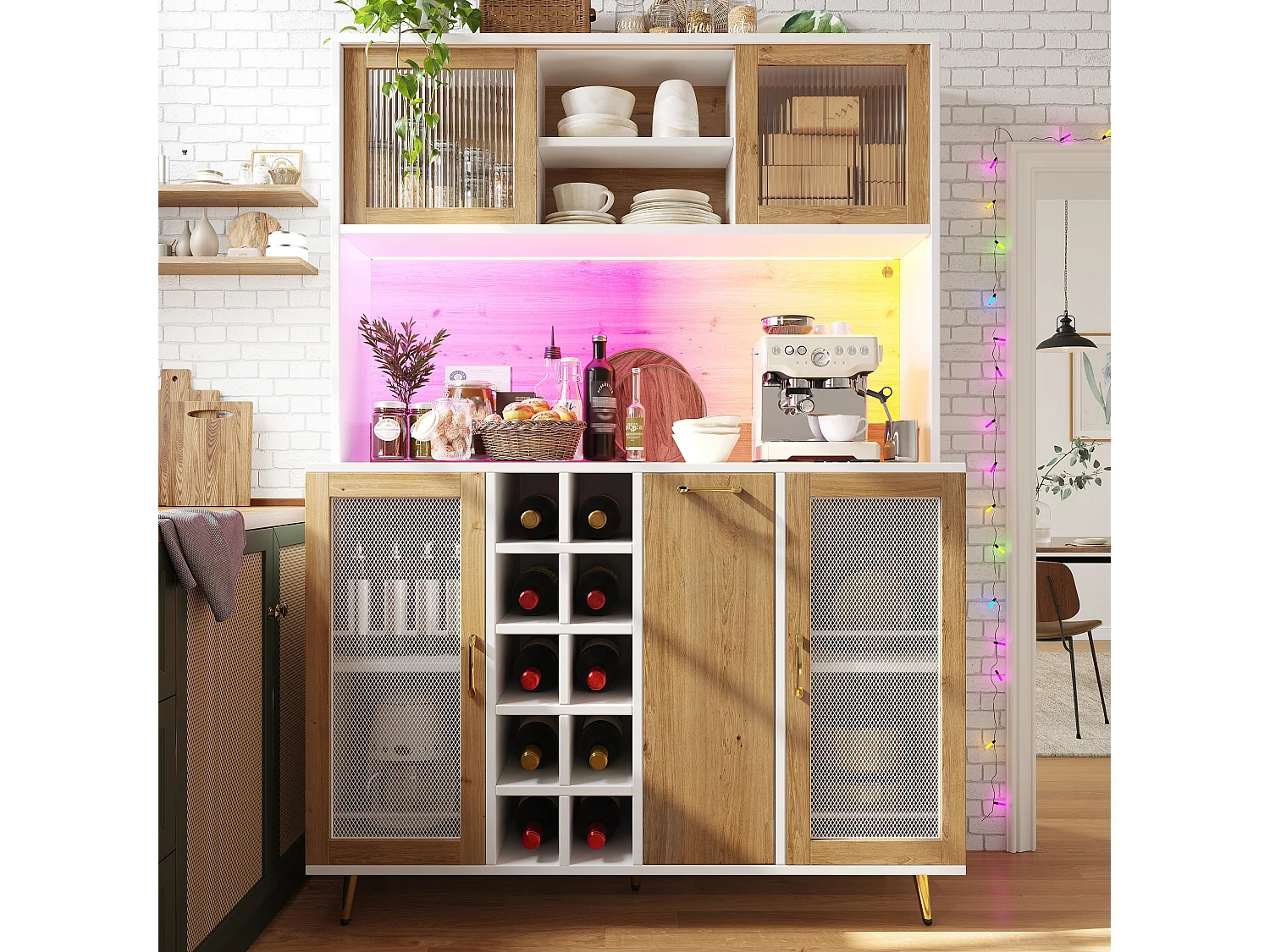 Buffet haut de cuisine - 120 x 40 x 170 cm - avec Leds + casier à bouteilles + étagère à snacks + 5 portes + prise - MDF - naturel