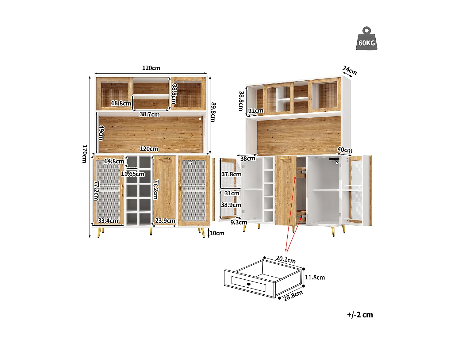 Buffet haut de cuisine - 120 x 40 x 170 cm - avec Leds + casier à bouteilles + étagère à snacks + 5 portes + prise - MDF - naturel