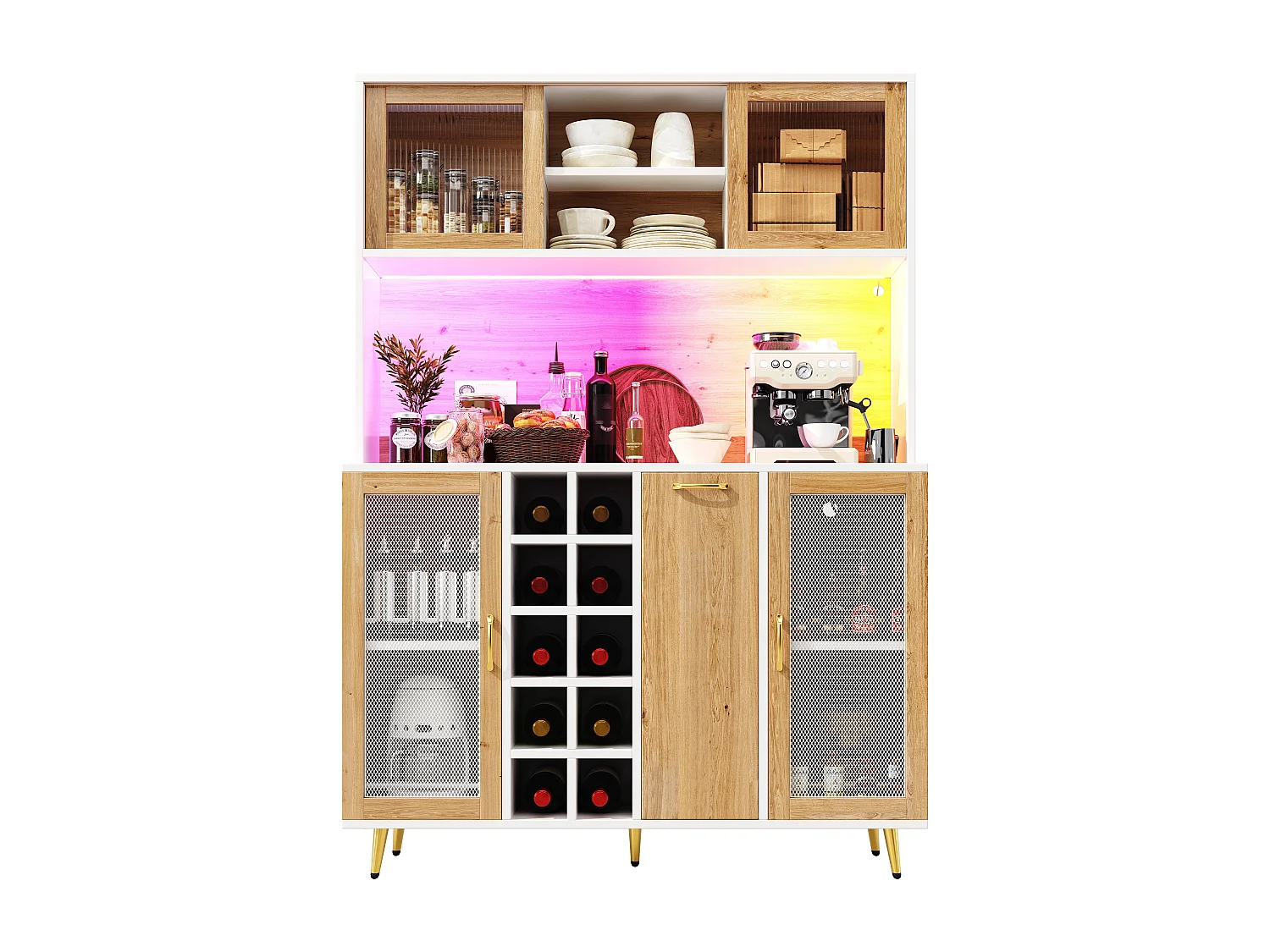 Buffet haut de cuisine - 120 x 40 x 170 cm - avec Leds + casier à bouteilles + étagère à snacks + 5 portes + prise - MDF - naturel