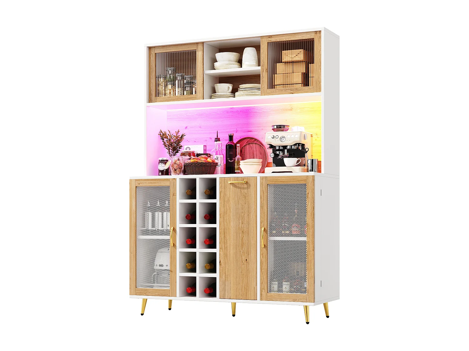 Buffet haut de cuisine - 120 x 40 x 170 cm - avec Leds + casier à bouteilles + étagère à snacks + 5 portes + prise - MDF - naturel