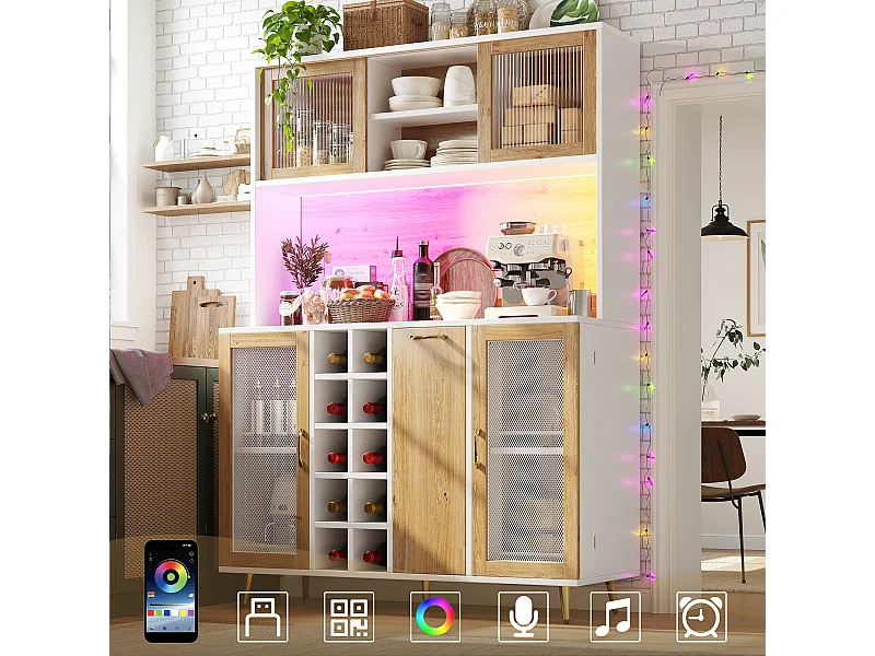 Buffet haut de cuisine - 120 x 40 x 170 cm - avec Leds + casier à bouteilles + étagère à snacks + 5 portes + prise - MDF - naturel