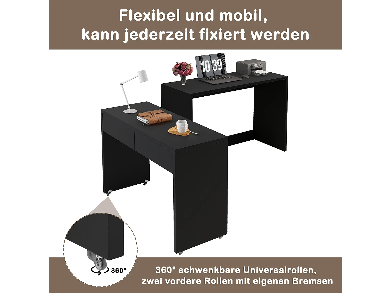 2-in-1 opklapbaar bureau - 110 x 40 x 78 cm - Compact bureau + tafel met 2 lades - Spaanplaat - Zwart