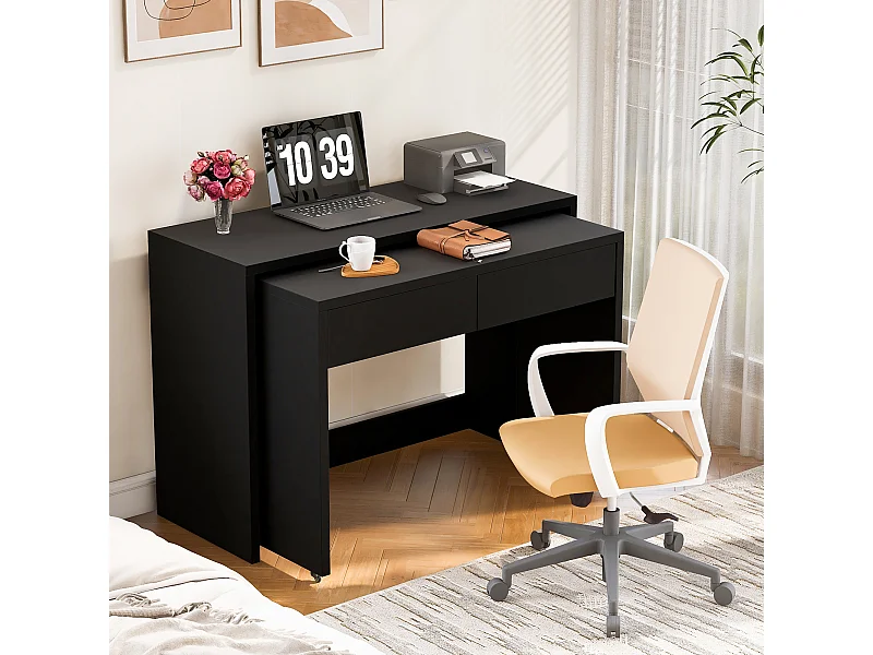 2-in-1 opklapbaar bureau - 110 x 40 x 78 cm - Compact bureau + tafel met 2 lades - Spaanplaat - Zwart