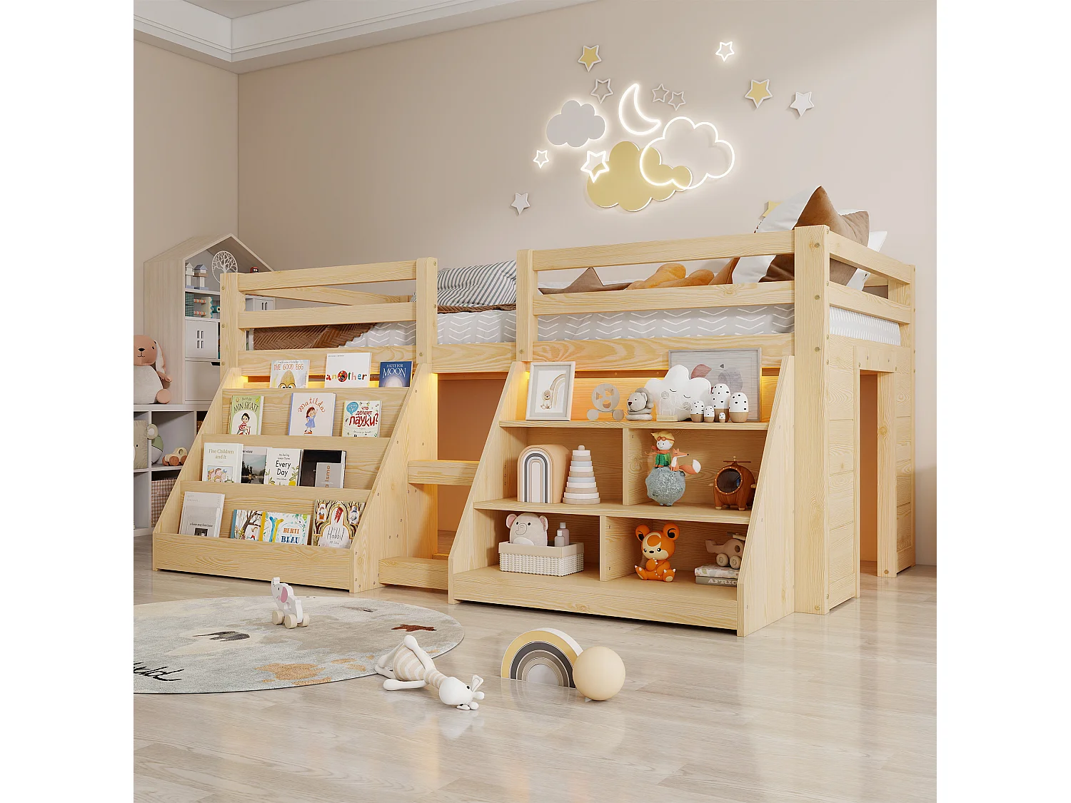 Lit mi-hauteur pour enfant - 90 x 200 cm - multiples rangements + échelle + Leds - pin - naturel