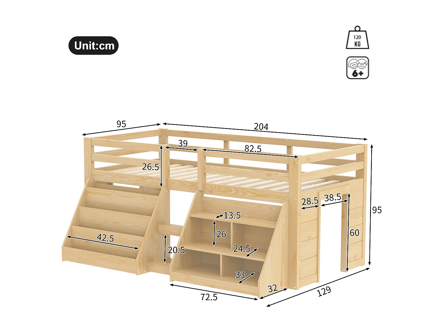 Lit mi-hauteur pour enfant - 90 x 200 cm - multiples rangements + échelle + Leds - pin - naturel