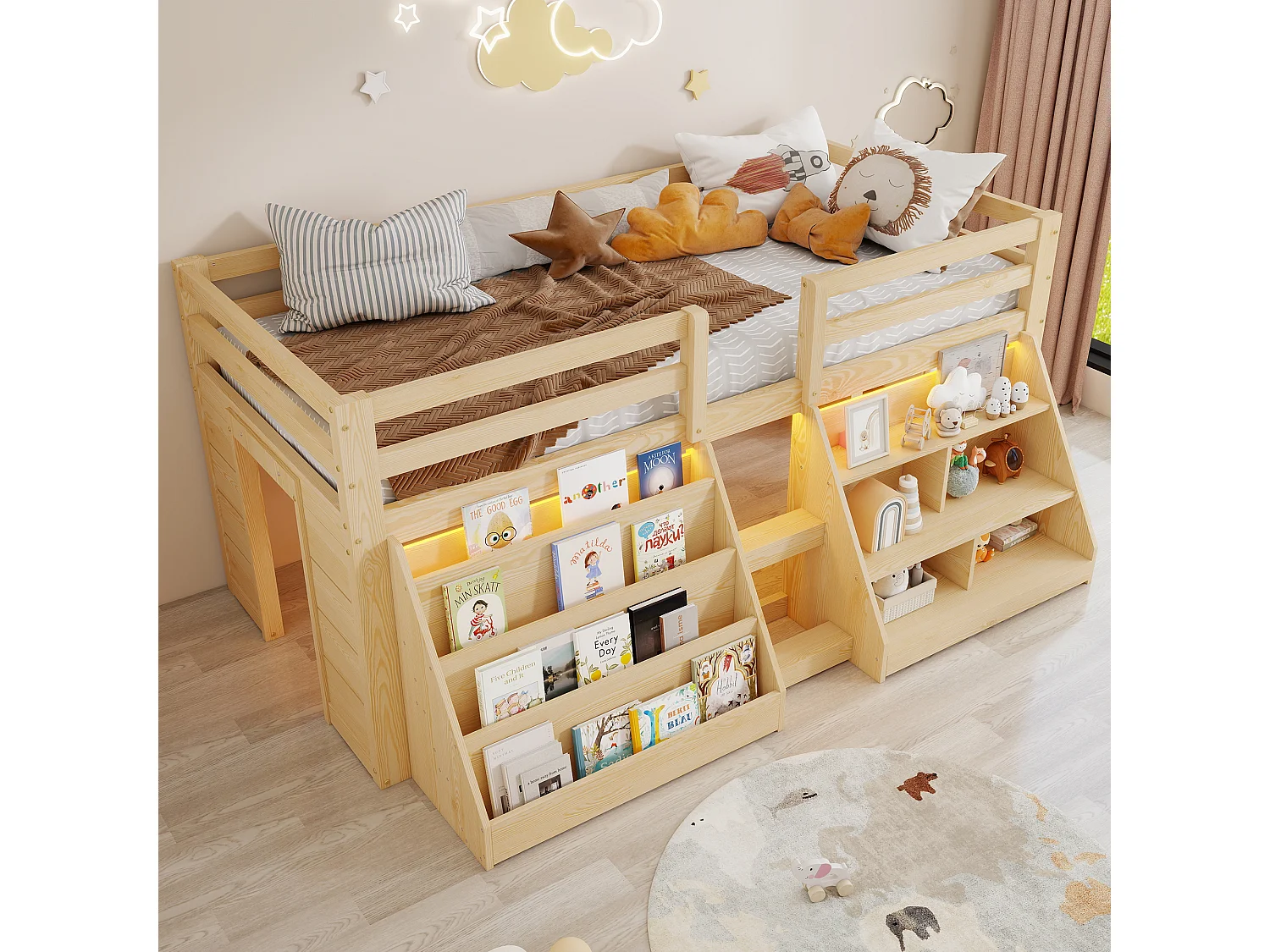 Cama infantil de altura media - 90 x 200 cm - múltiples compartimentos de almacenamiento + escalera + luces LED - pino - natural