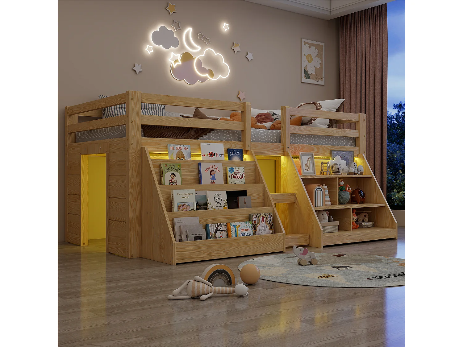 Cama infantil de altura media - 90 x 200 cm - múltiples compartimentos de almacenamiento + escalera + luces LED - pino - natural