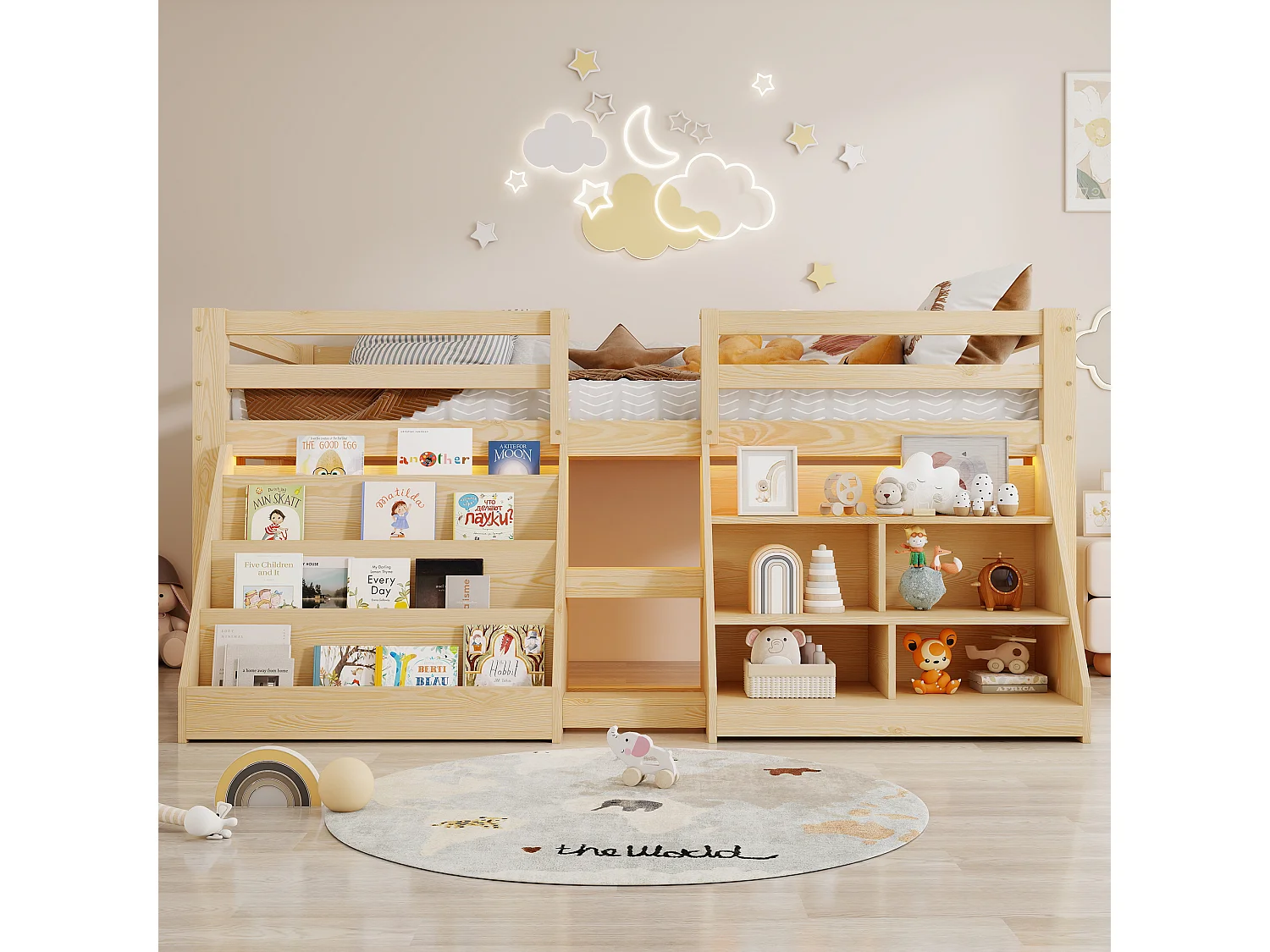 Cama infantil de altura media - 90 x 200 cm - múltiples compartimentos de almacenamiento + escalera + luces LED - pino - natural