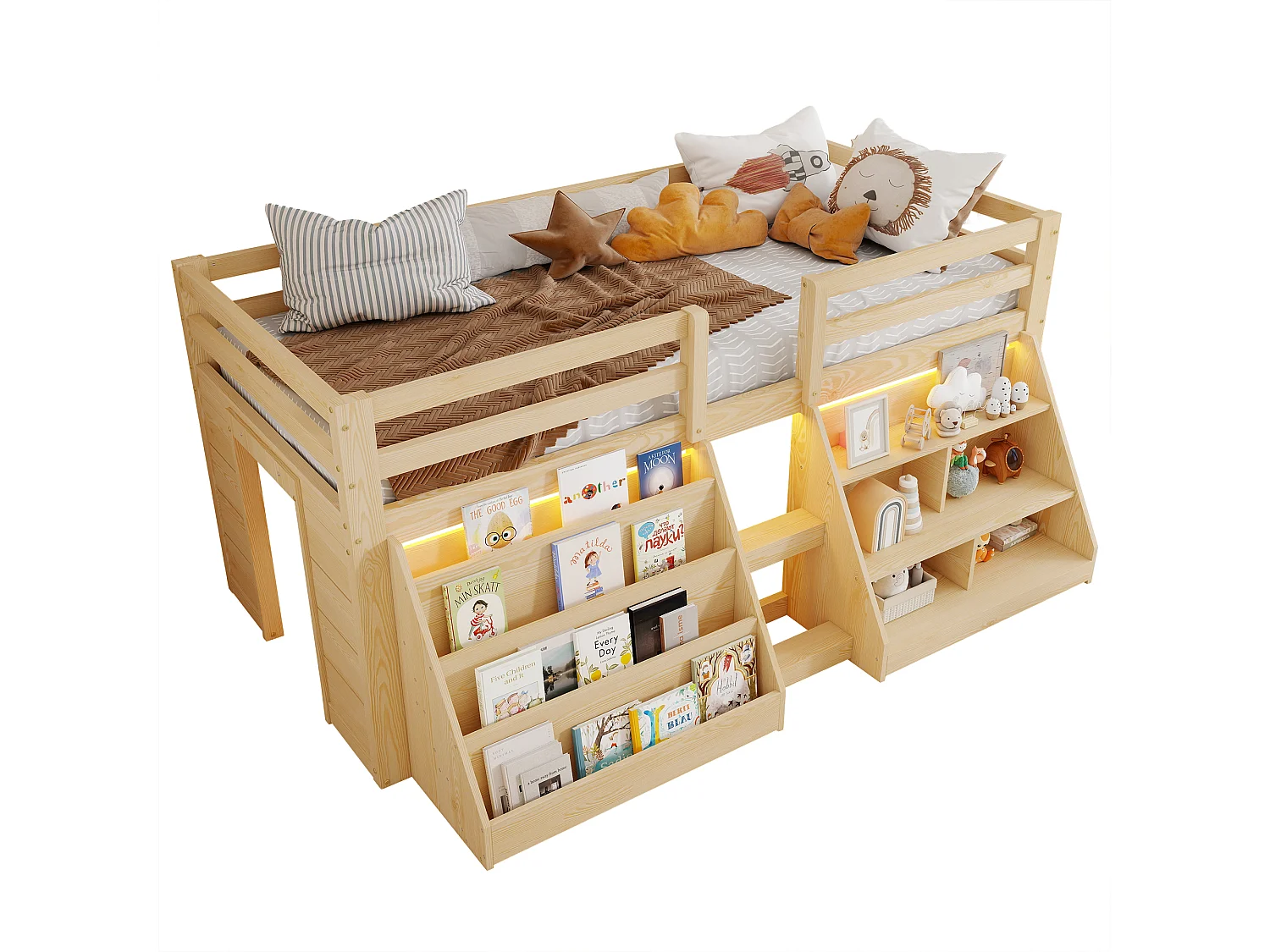 Cama infantil de altura media - 90 x 200 cm - múltiples compartimentos de almacenamiento + escalera + luces LED - pino - natural
