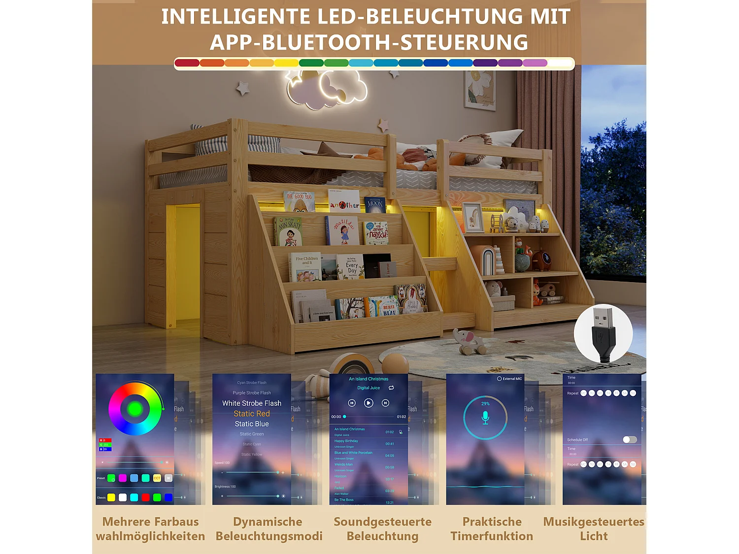 Cama infantil de altura media - 90 x 200 cm - múltiples compartimentos de almacenamiento + escalera + luces LED - pino - natural