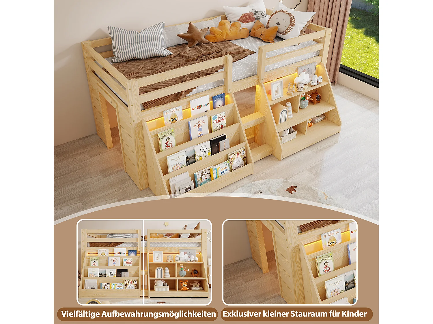 Cama infantil de altura media - 90 x 200 cm - múltiples compartimentos de almacenamiento + escalera + luces LED - pino - natural