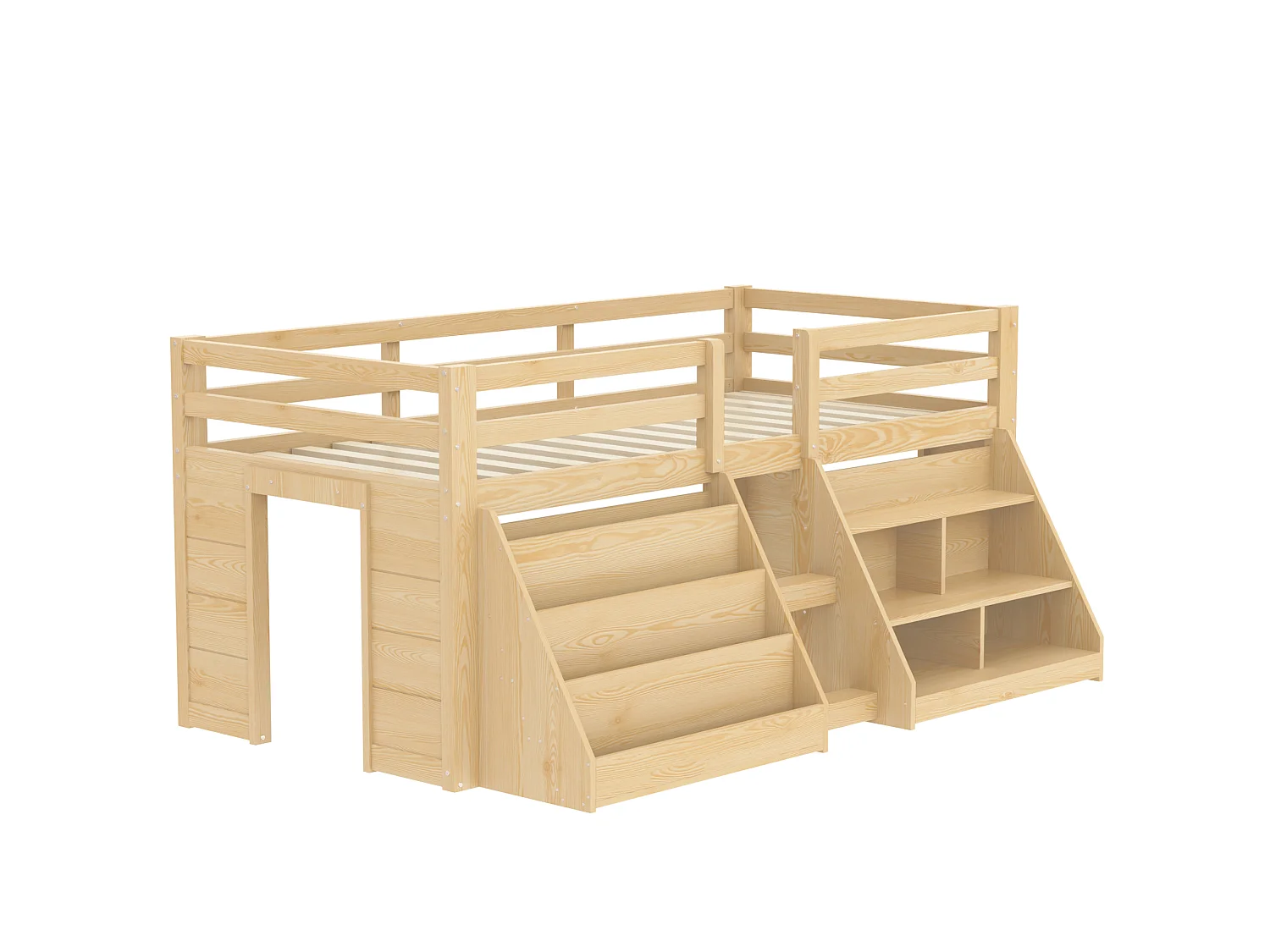 Cama infantil de altura media - 90 x 200 cm - múltiples compartimentos de almacenamiento + escalera + luces LED - pino - natural