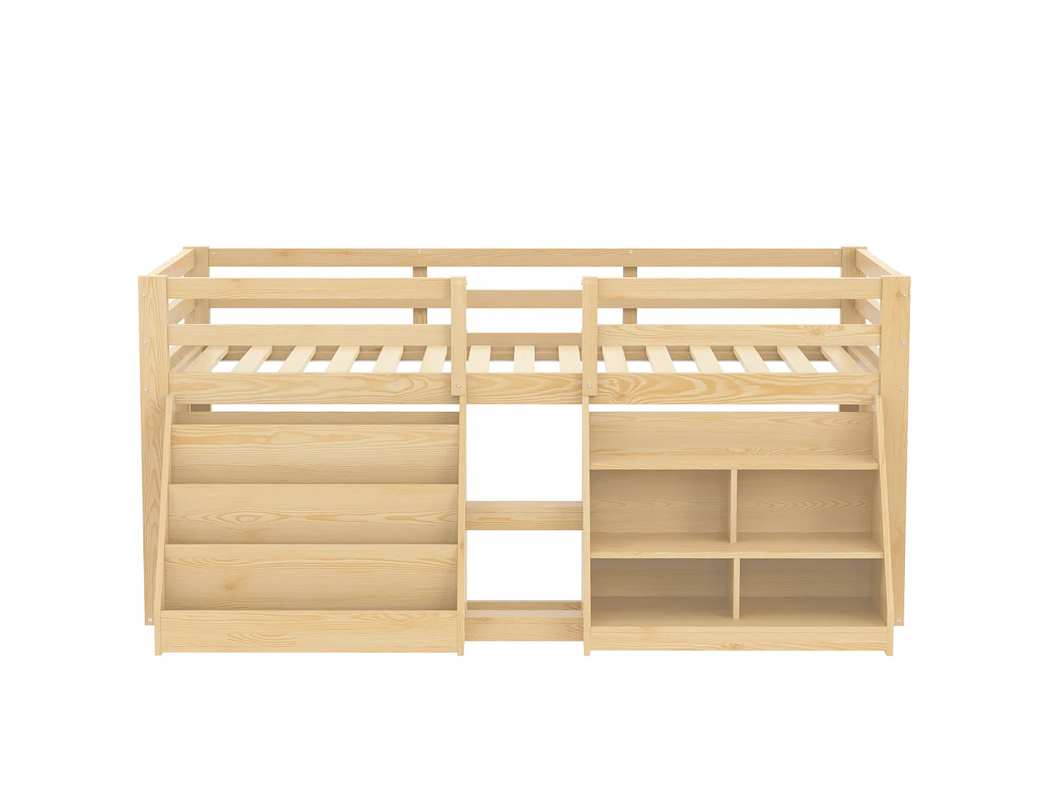 Cama infantil de altura media - 90 x 200 cm - múltiples compartimentos de almacenamiento + escalera + luces LED - pino - natural