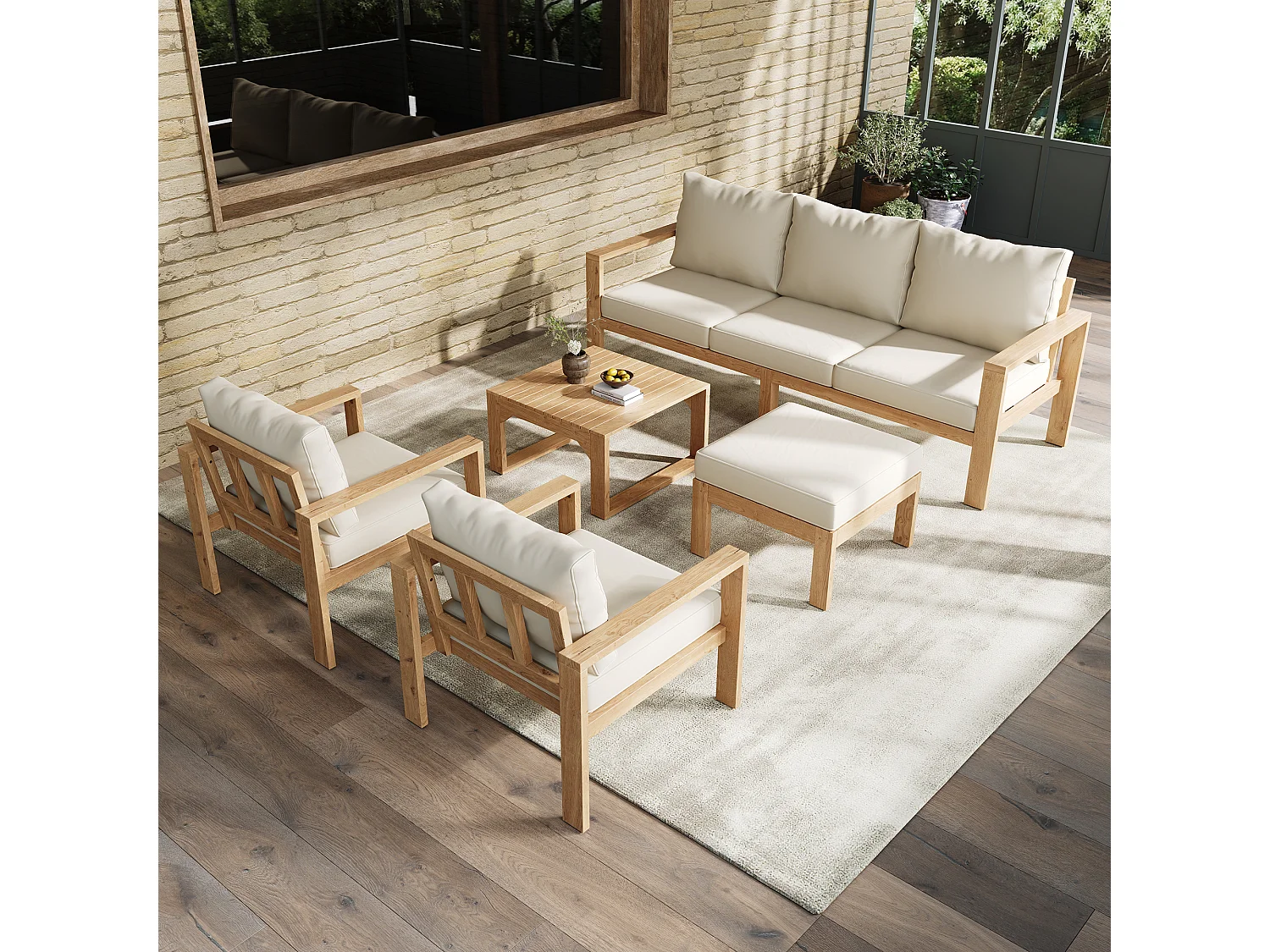Ensemble de mobilier de jardin 4-6 places - avec canapé 3 places + 2 chaises + repose-pieds + table - Polyester - crème