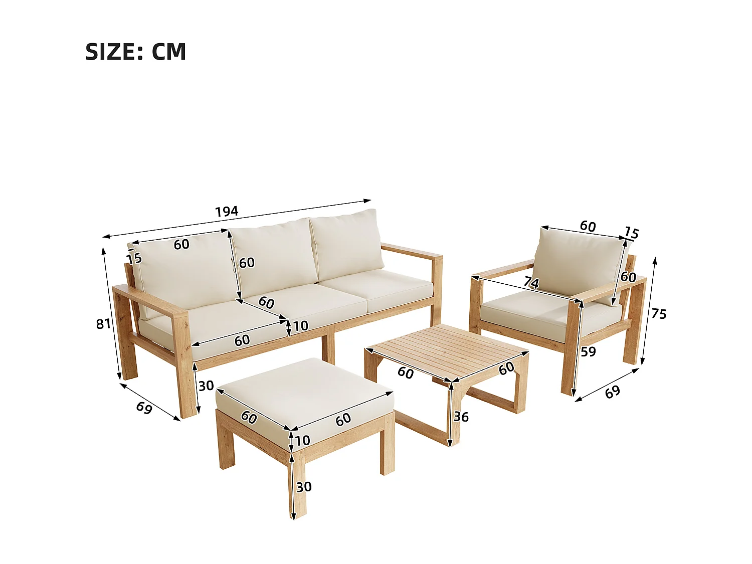 Ensemble de mobilier de jardin 4-6 places - avec canapé 3 places + 2 chaises + repose-pieds + table - Polyester - crème