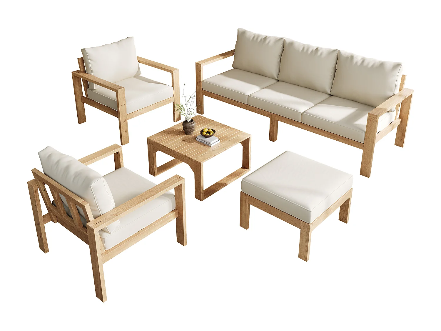 Ensemble de mobilier de jardin 4-6 places - avec canapé 3 places + 2 chaises + repose-pieds + table - Polyester - crème