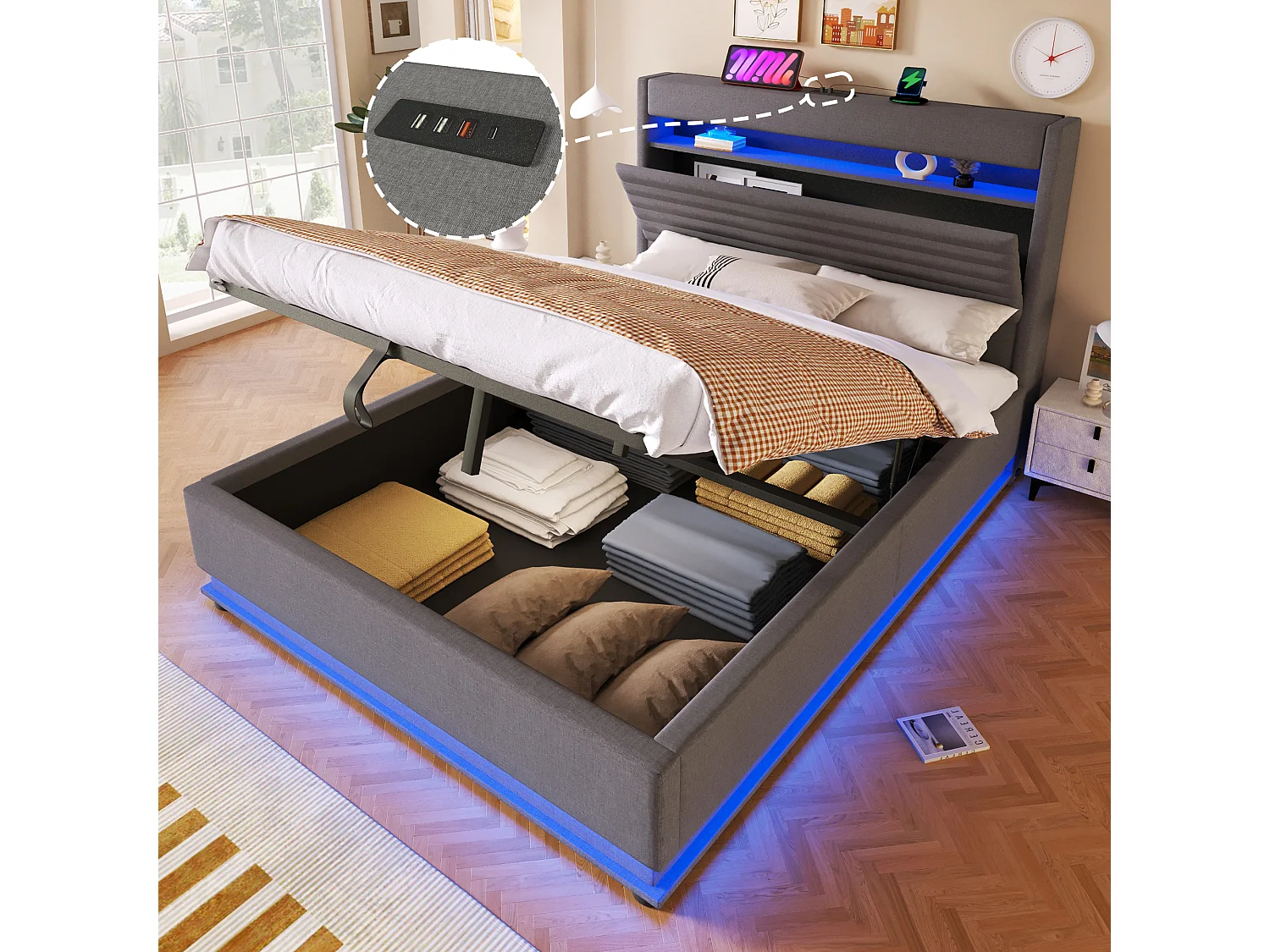 Lit coffre capitonné - 140 x 200 cm - avec USB + Leds + suspension hydraulique + tête de lit de rangement rabattable - lin - gris