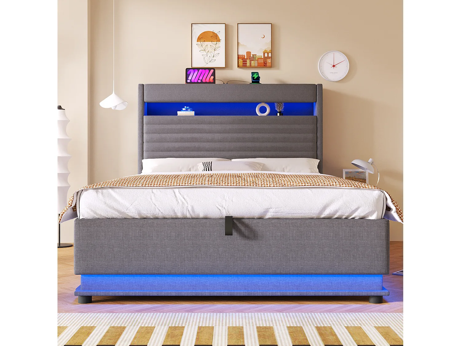 Lit coffre capitonné - 140 x 200 cm - avec USB + Leds + suspension hydraulique + tête de lit de rangement rabattable - lin - gris