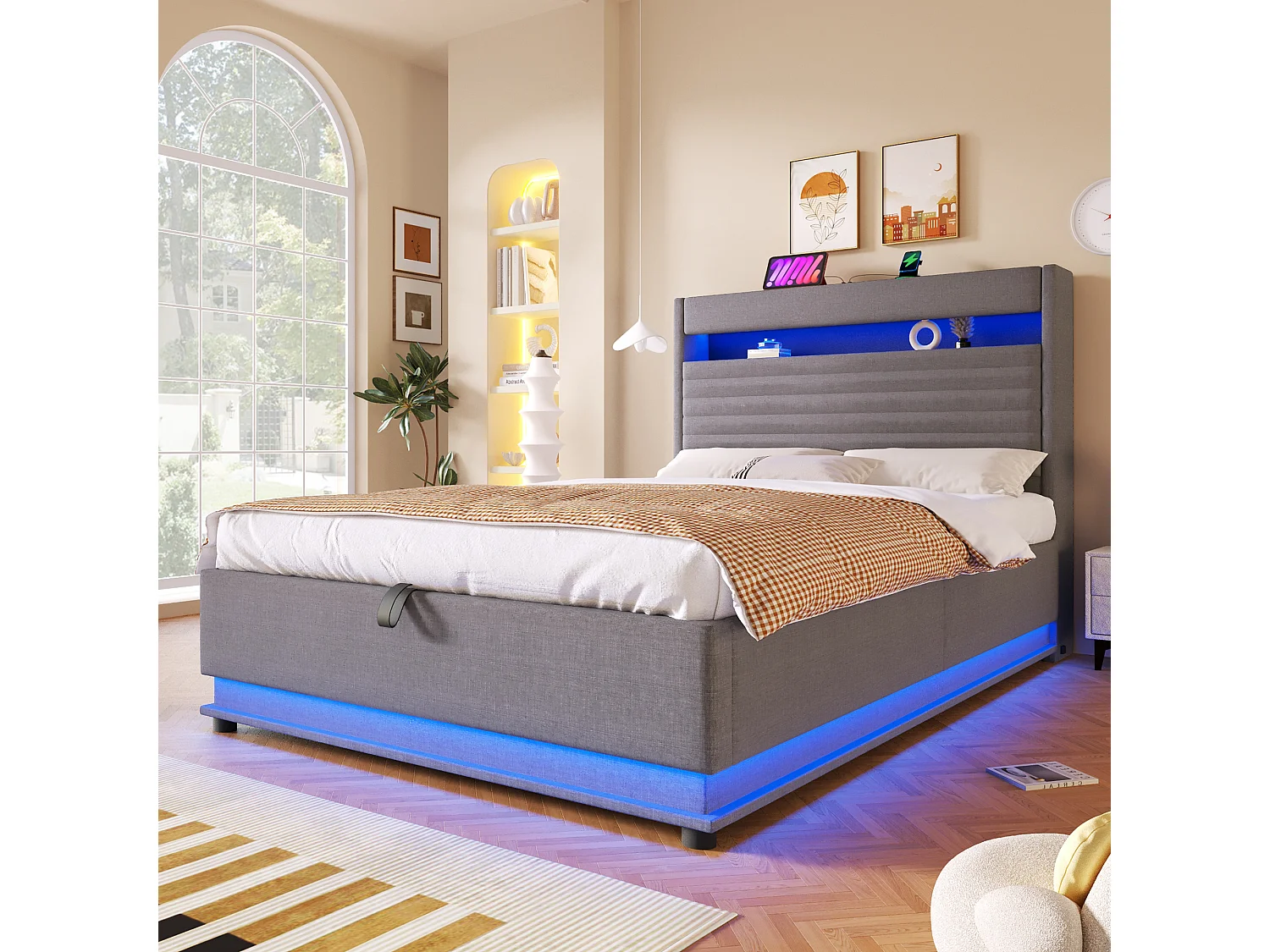 Lit coffre capitonné - 140 x 200 cm - avec USB + Leds + suspension hydraulique + tête de lit de rangement rabattable - lin - gris