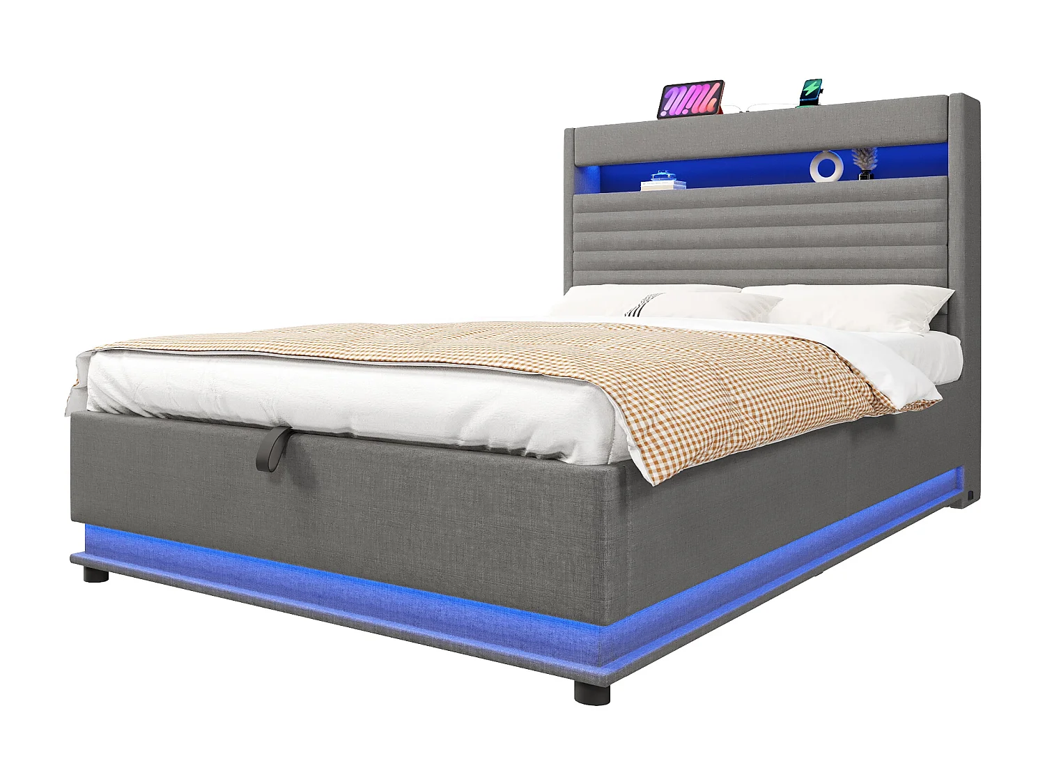 Lit coffre capitonné - 140 x 200 cm - avec USB + Leds + suspension hydraulique + tête de lit de rangement rabattable - lin - gris