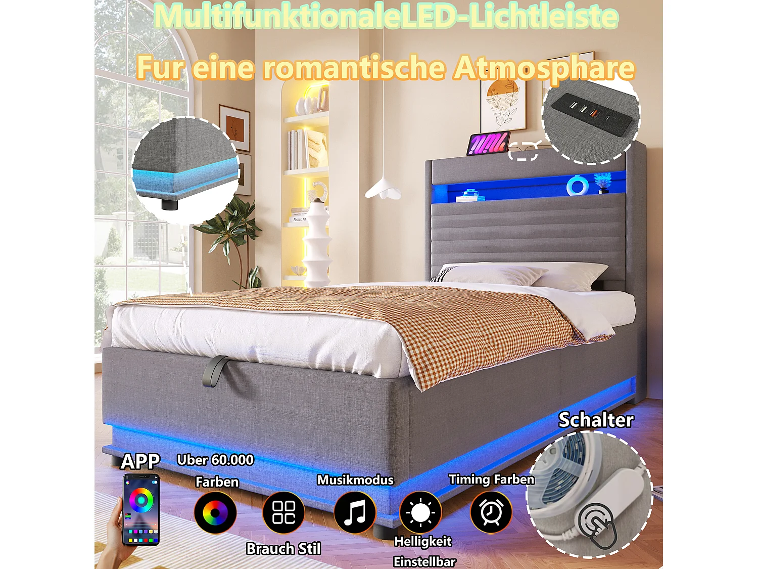 Lit coffre capitonné - 140 x 200 cm - avec USB + Leds + suspension hydraulique + tête de lit de rangement rabattable - lin - gris